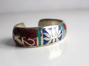 Silver Plated Hindu Om Lotus Cuff Bangle