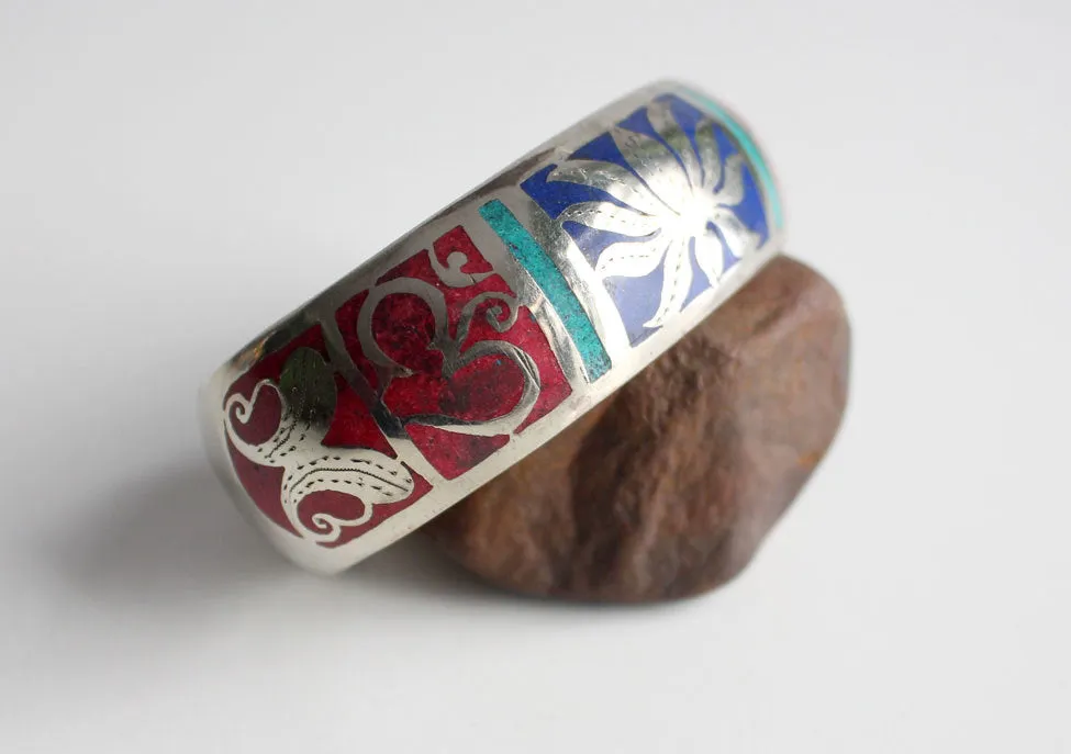 Silver Plated Hindu Om Lotus Cuff Bangle