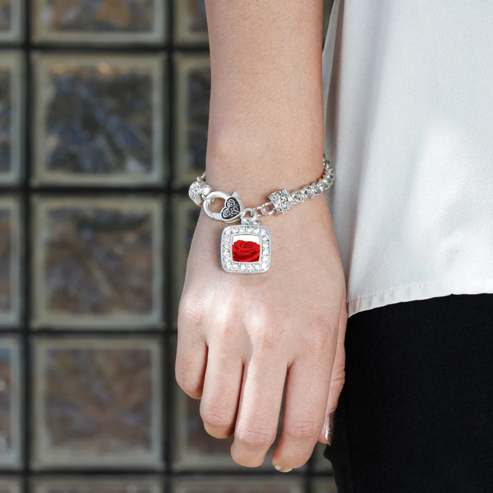 Silver Red Rose Square Charm Braided Bracelet