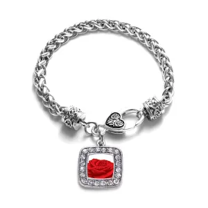 Silver Red Rose Square Charm Braided Bracelet