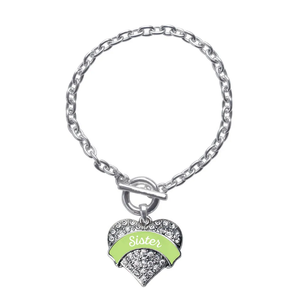 Silver Sage Green Sister Pave Heart Charm Toggle Bracelet