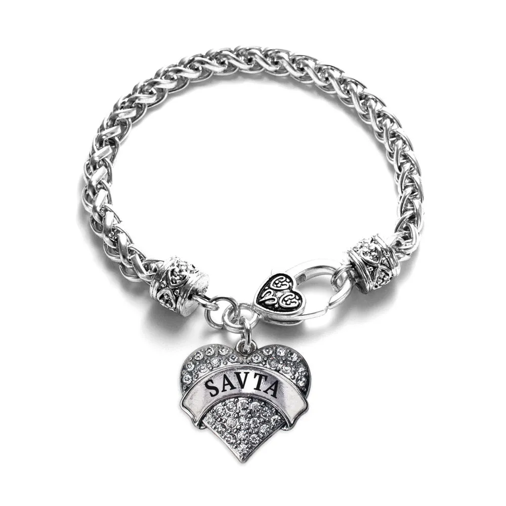 Silver Savta Pave Heart Charm Braided Bracelet