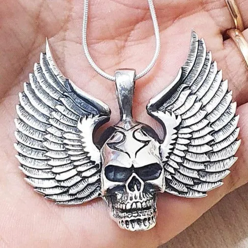 Silver Skull And Wings Pendant For Men And Women