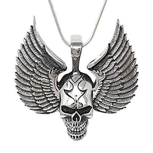 Silver Skull And Wings Pendant For Men And Women