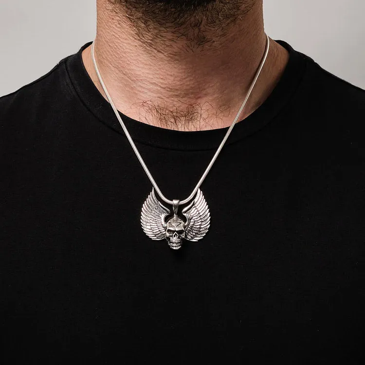 Silver Skull And Wings Pendant For Men And Women