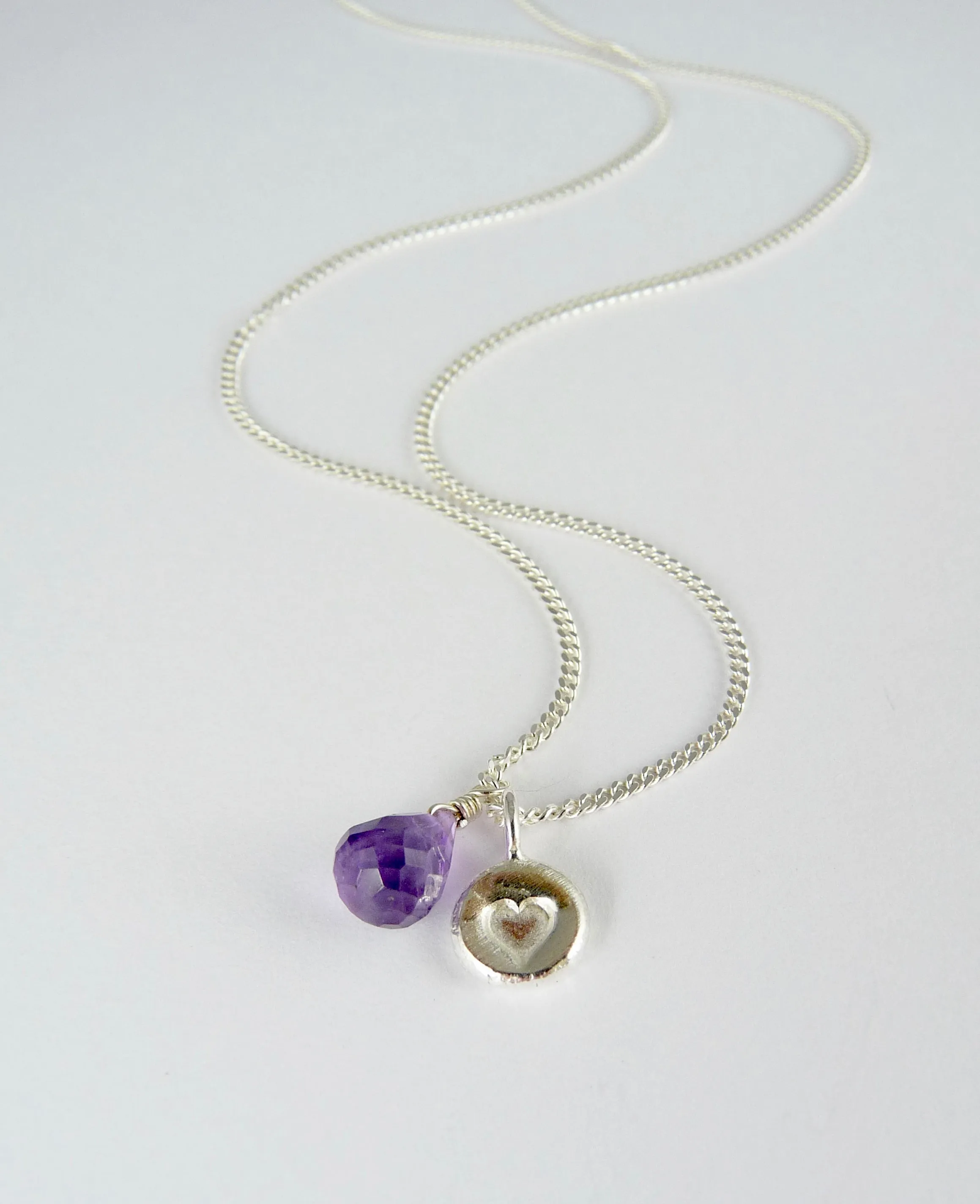 Silver Stamped Heart and Gemstone Necklace