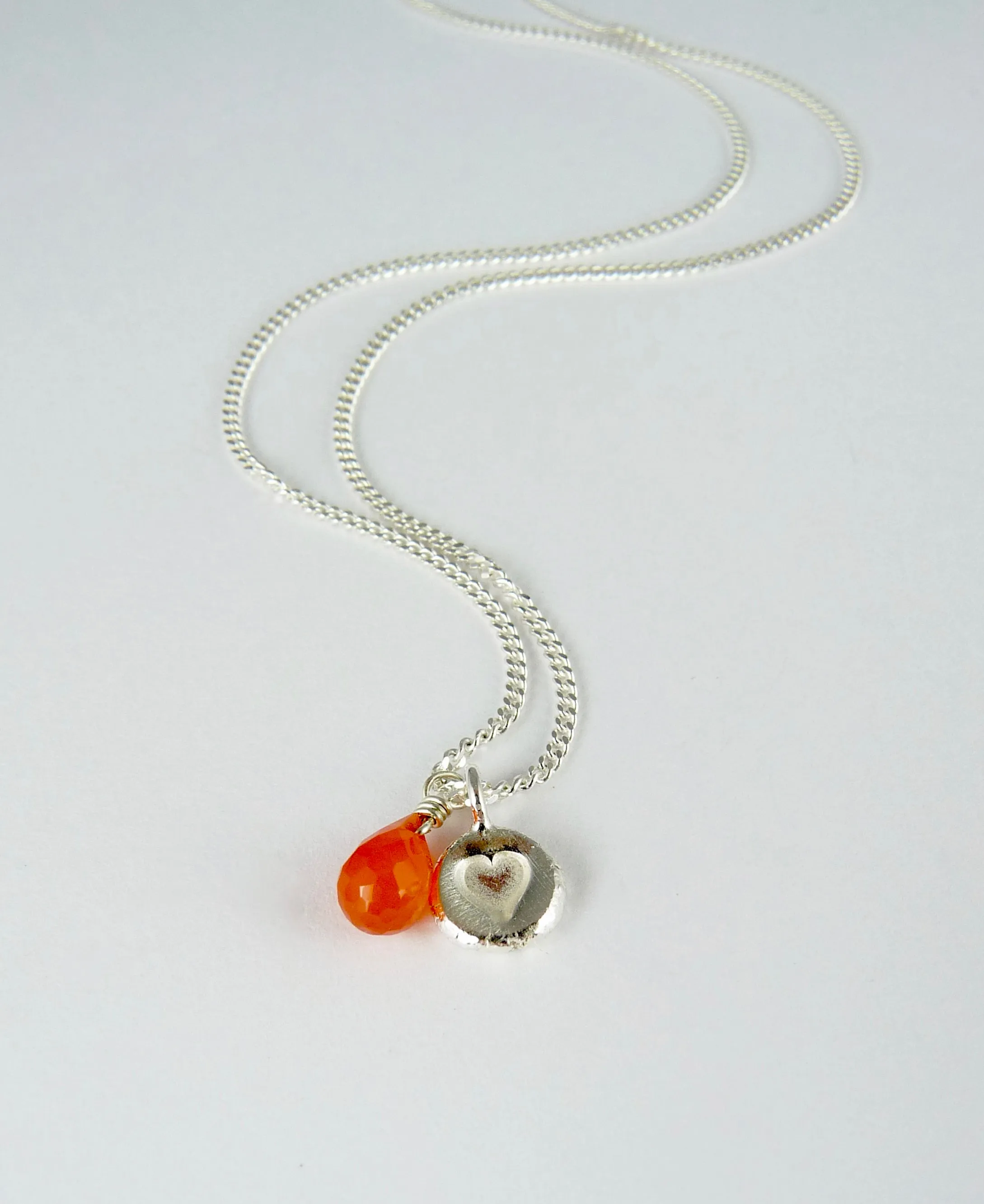 Silver Stamped Heart and Gemstone Necklace