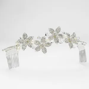 Silver White Pearl & Crystal Accent Floral Comb