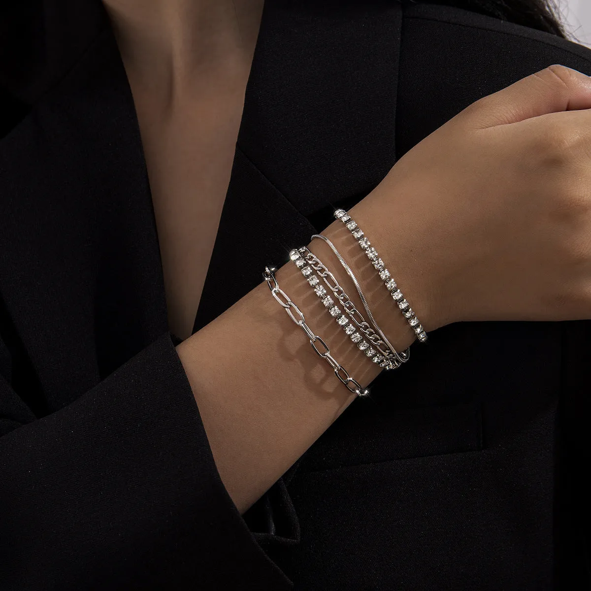 Simple Multi-layer Diamond Micro Inlaid Bracelet Set