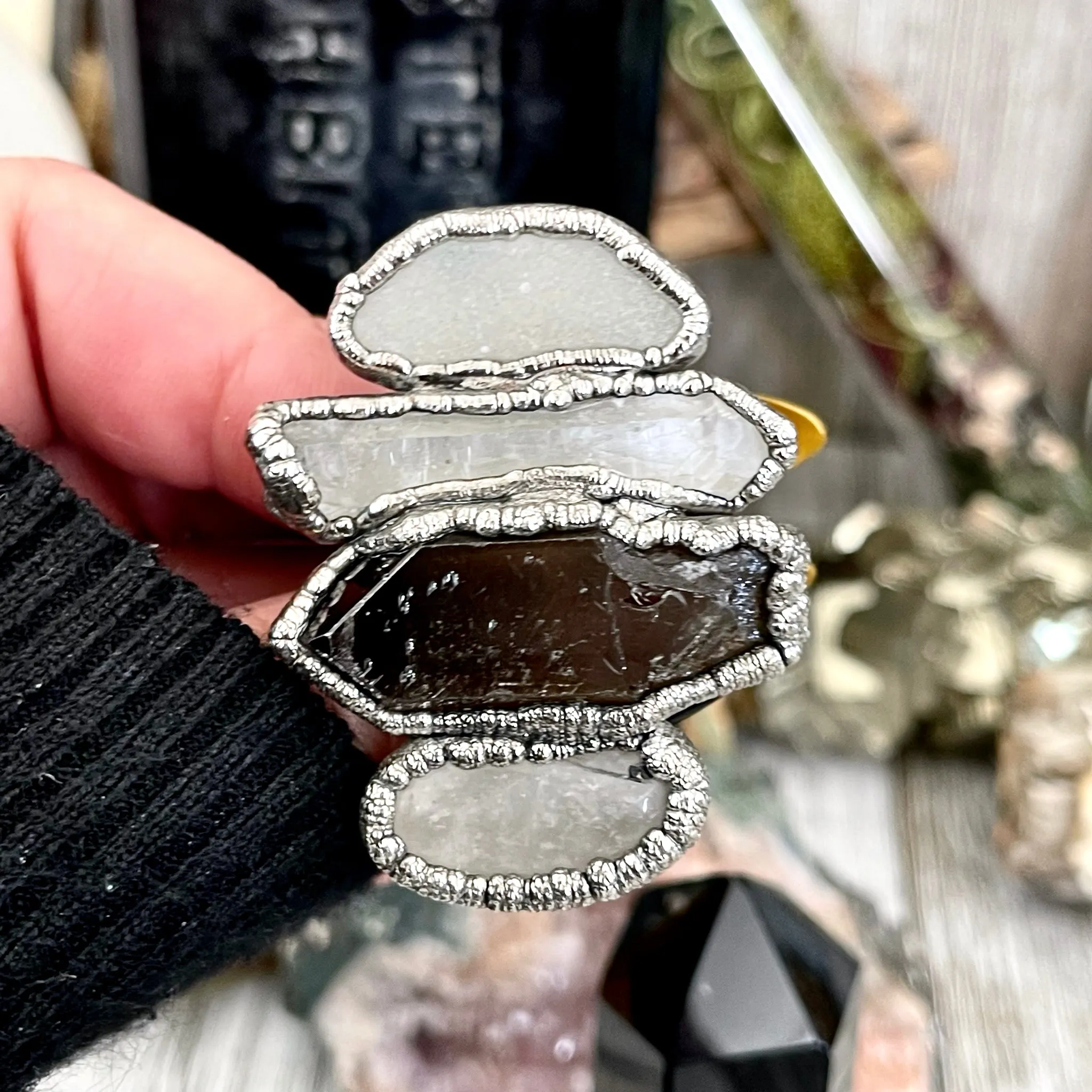 Size 7.5 Crystal Ring - Four Stone Sea Glass Tourmaline Quartz Smokey and Clear Quartz Ring In Silver  / Foxlark - One of a Kind