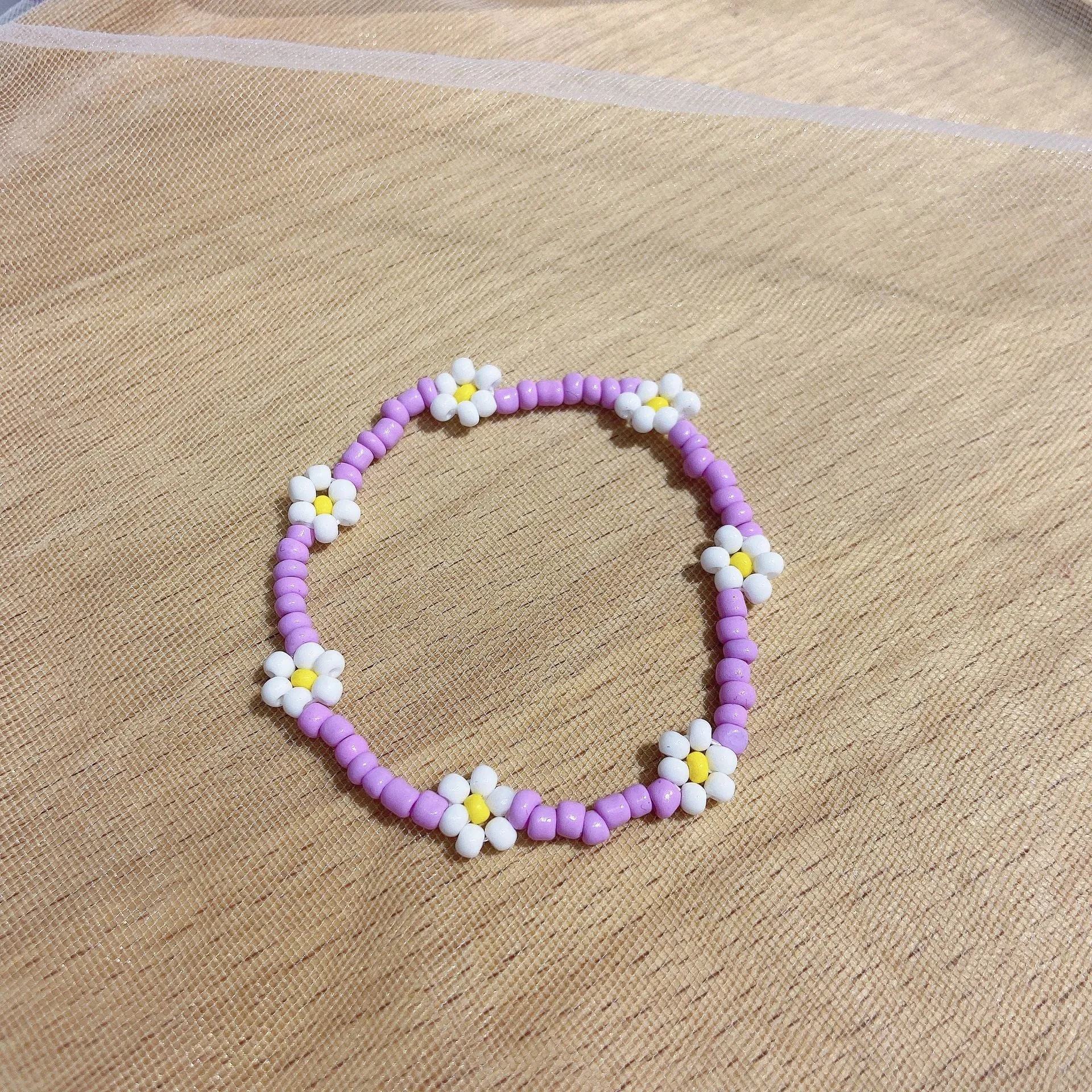 Small Flower Stretch Braided Ring  Bead Bracelet