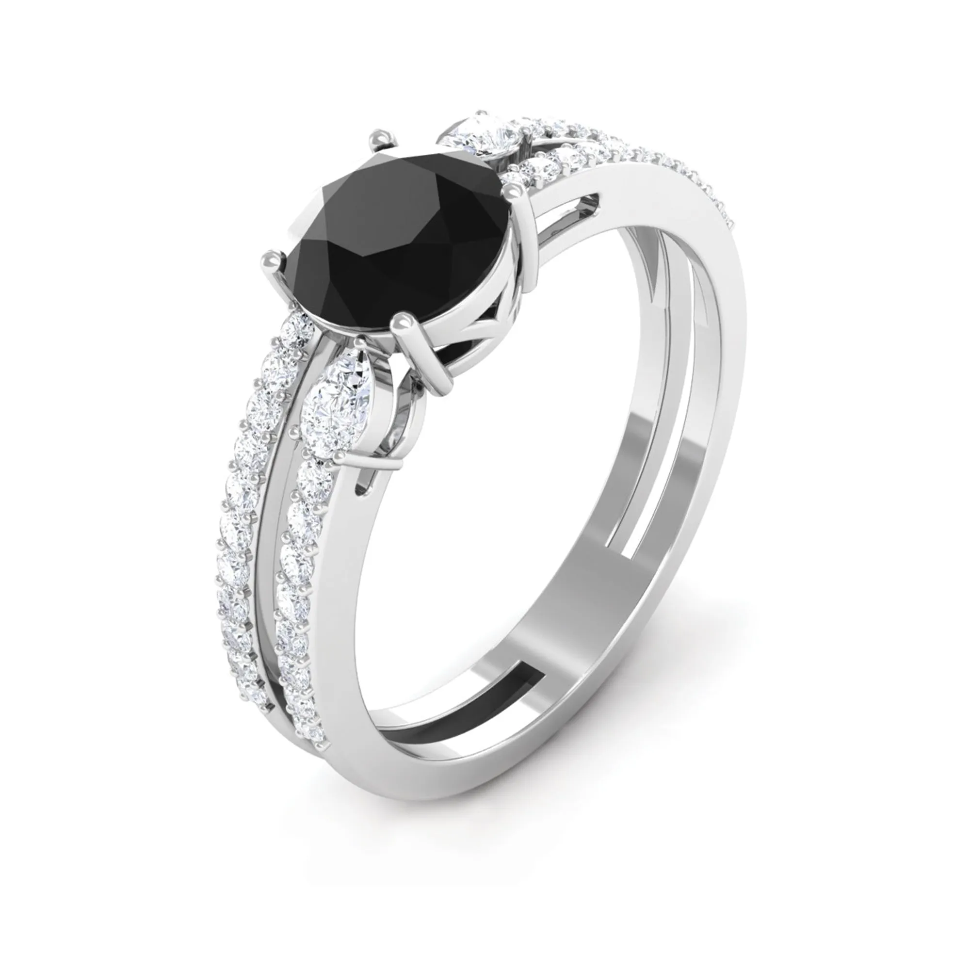 Solitaire Created Black Diamond and Diamond Double Band Engagement Ring