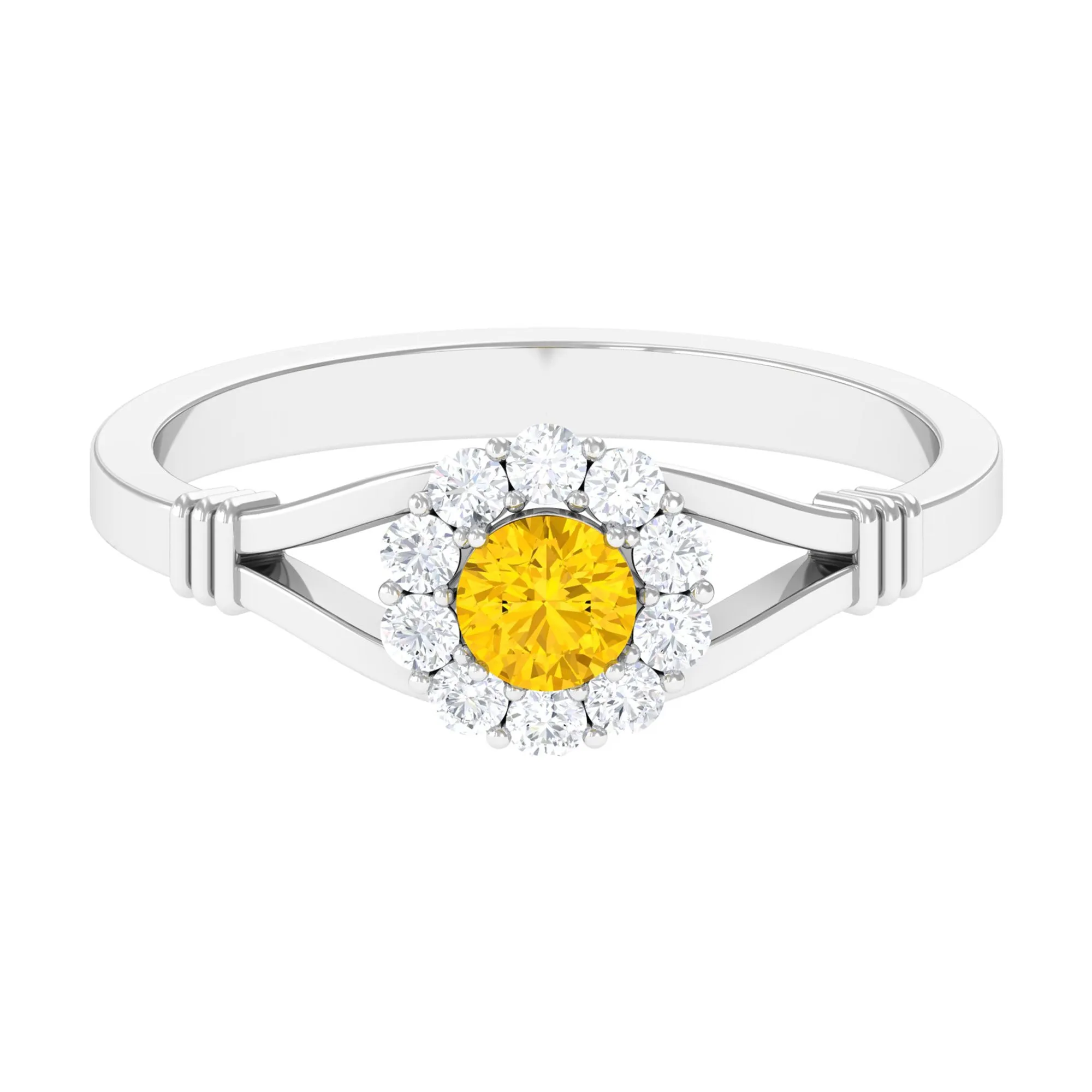 Split Shank Yellow Sapphire and Diamond Halo Engagement Ring