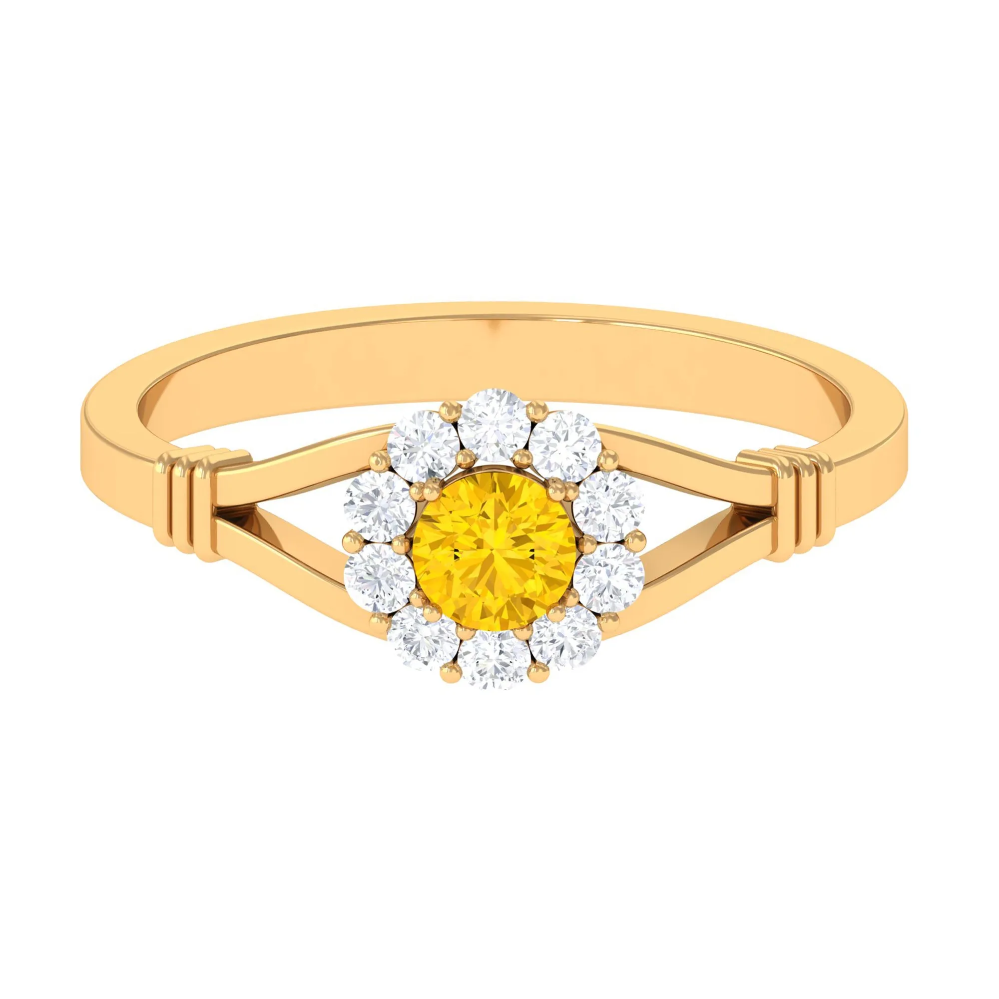 Split Shank Yellow Sapphire and Diamond Halo Engagement Ring