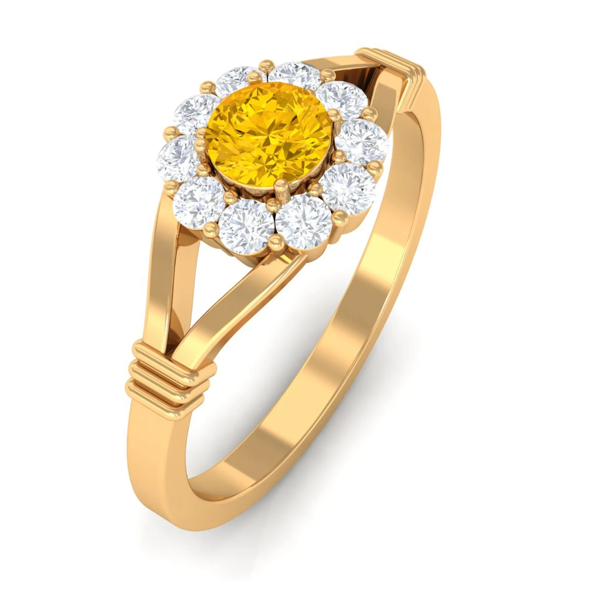 Split Shank Yellow Sapphire and Diamond Halo Engagement Ring