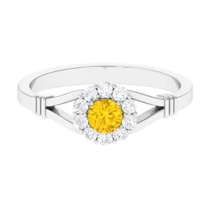 Split Shank Yellow Sapphire and Diamond Halo Engagement Ring