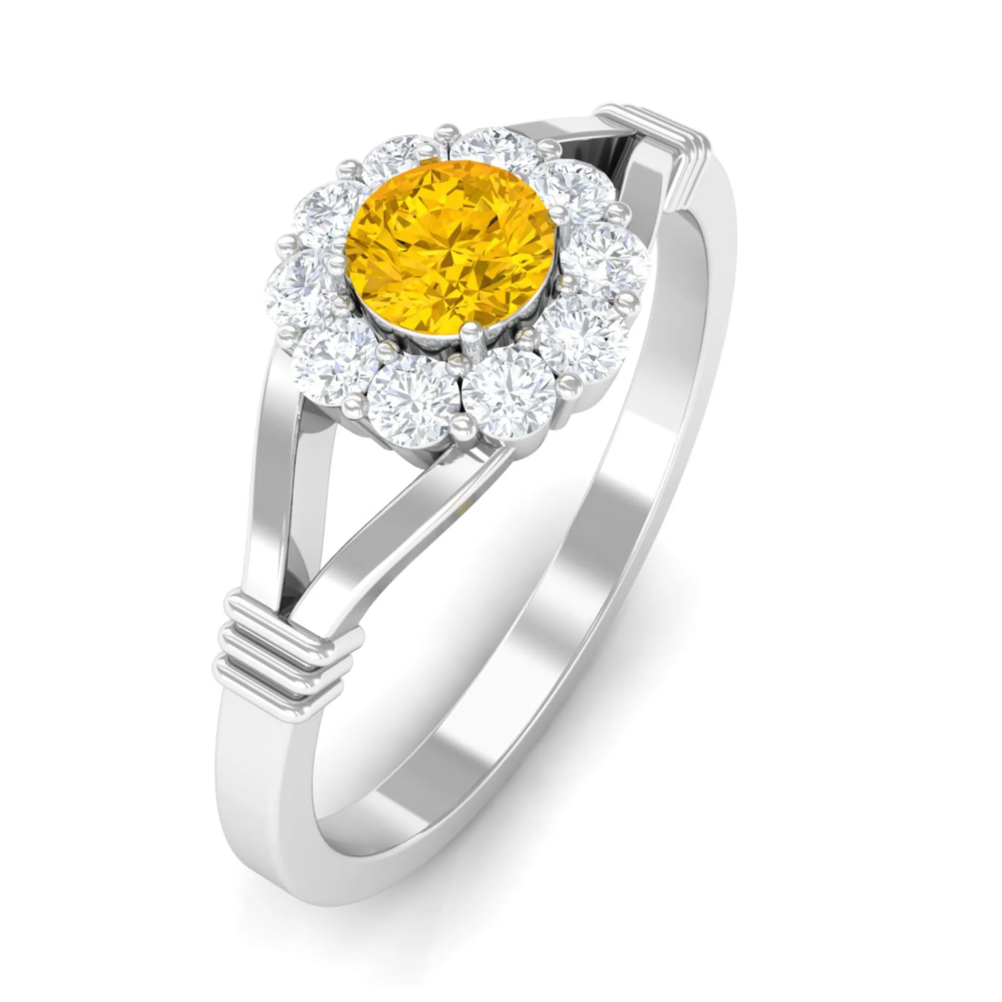 Split Shank Yellow Sapphire and Diamond Halo Engagement Ring