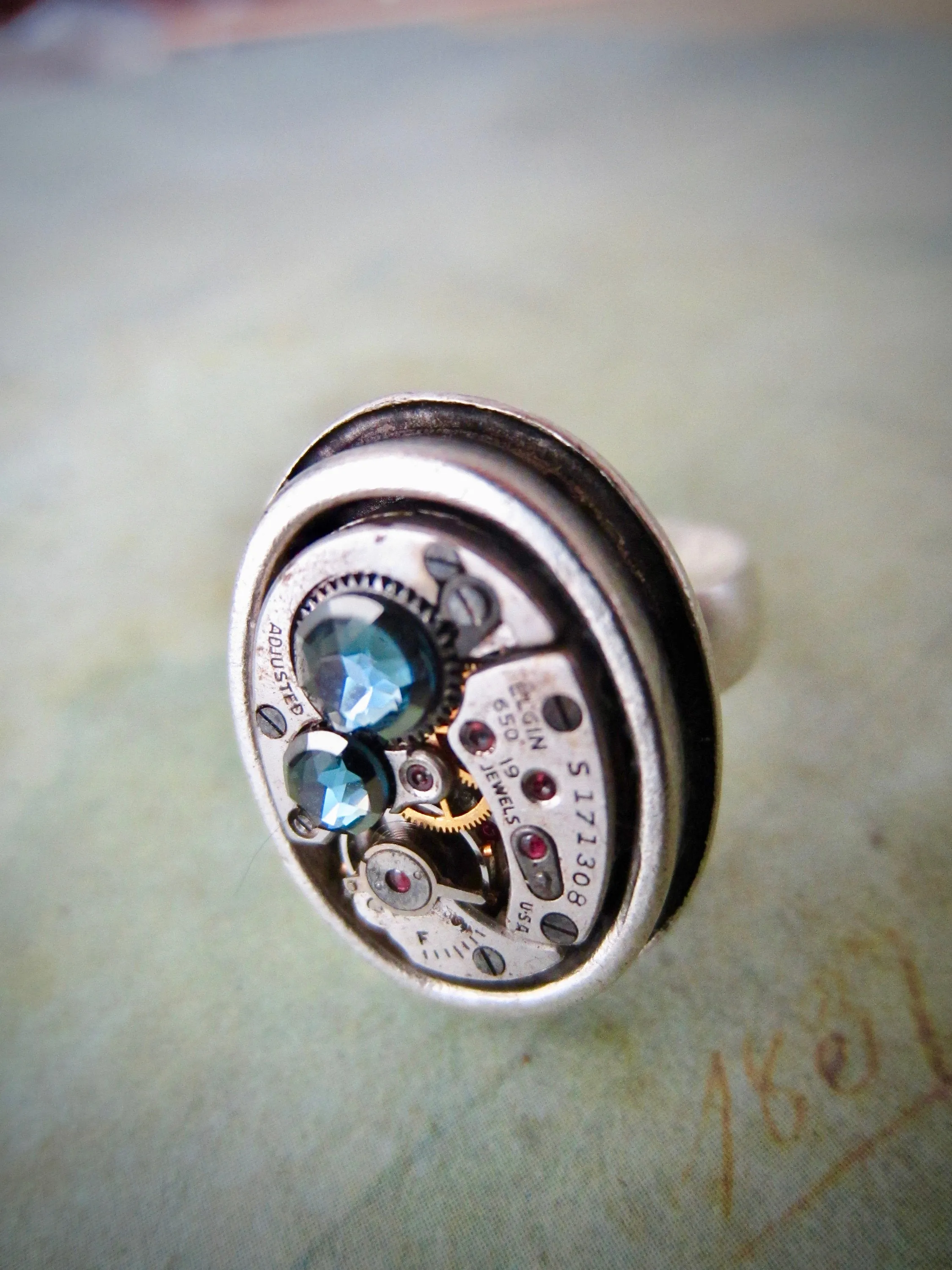 Steampunk Ring - Aquamarine Ring For Her - Watch Movement Ring - April Birthstone - Antique Silver - Adjustable Victorian Ring