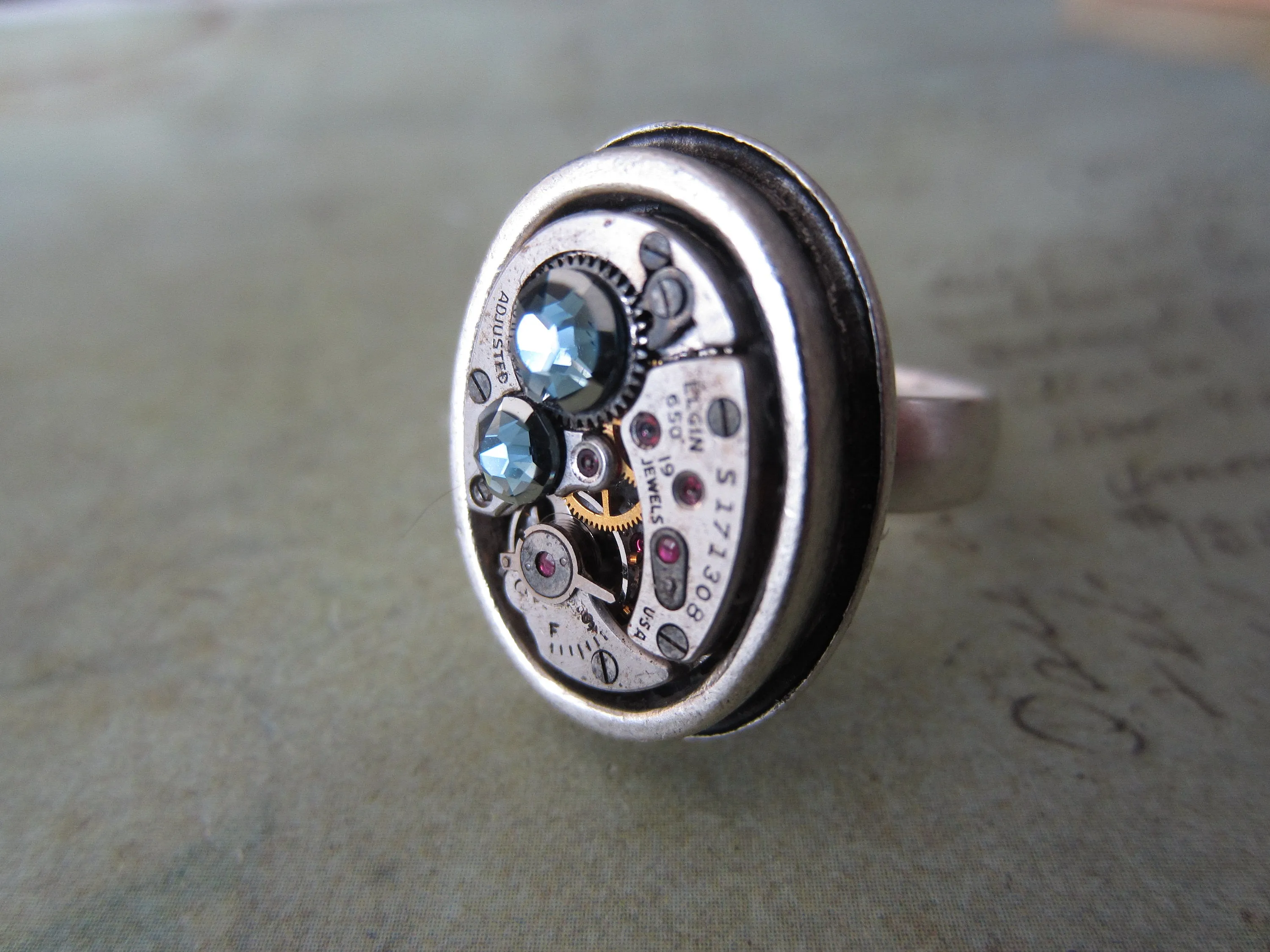 Steampunk Ring - Aquamarine Ring For Her - Watch Movement Ring - April Birthstone - Antique Silver - Adjustable Victorian Ring