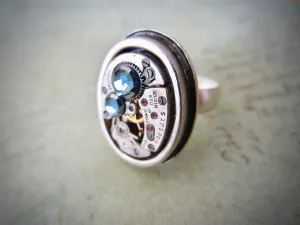 Steampunk Ring - Aquamarine Ring For Her - Watch Movement Ring - April Birthstone - Antique Silver - Adjustable Victorian Ring