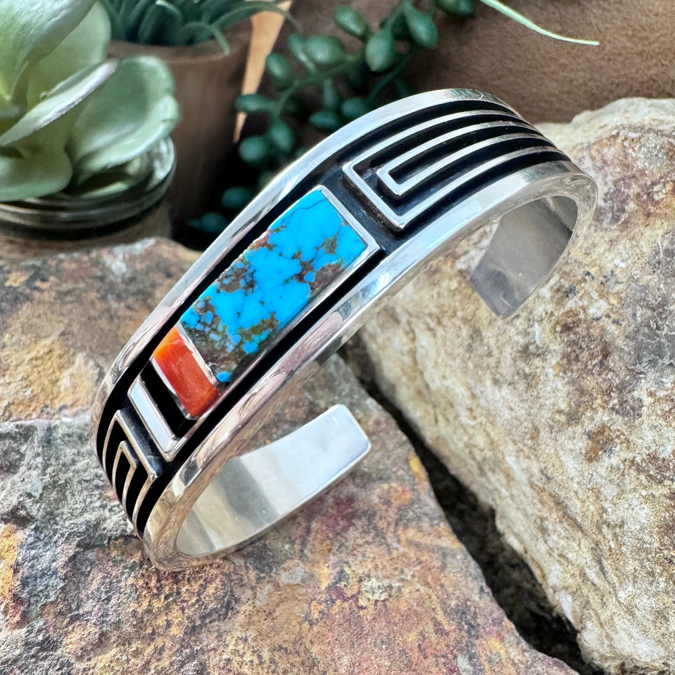 Sterling Silver Multi-Stone Inlay Cuff Bracelet by Albert Nells