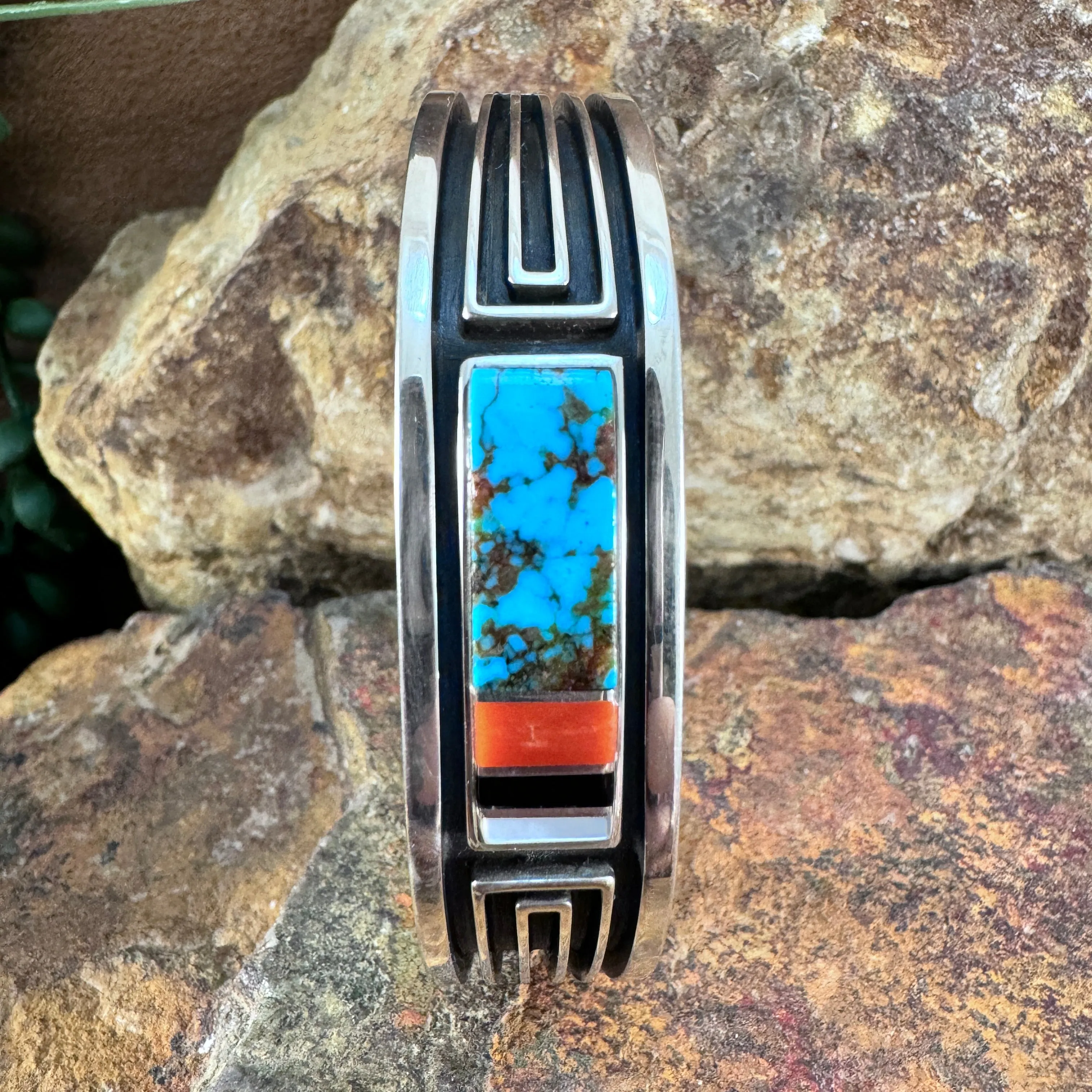 Sterling Silver Multi-Stone Inlay Cuff Bracelet by Albert Nells