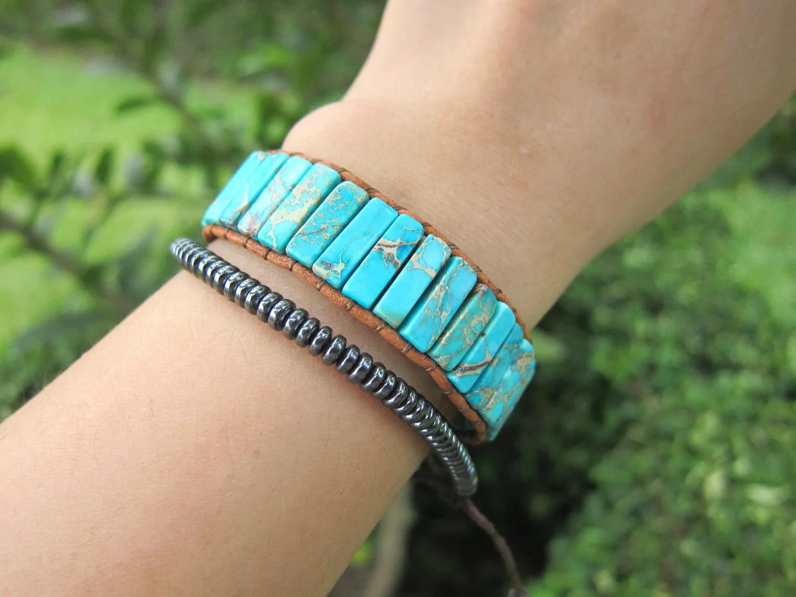 Stunning Aqua Jasper Tubestone Cuff Bracelet