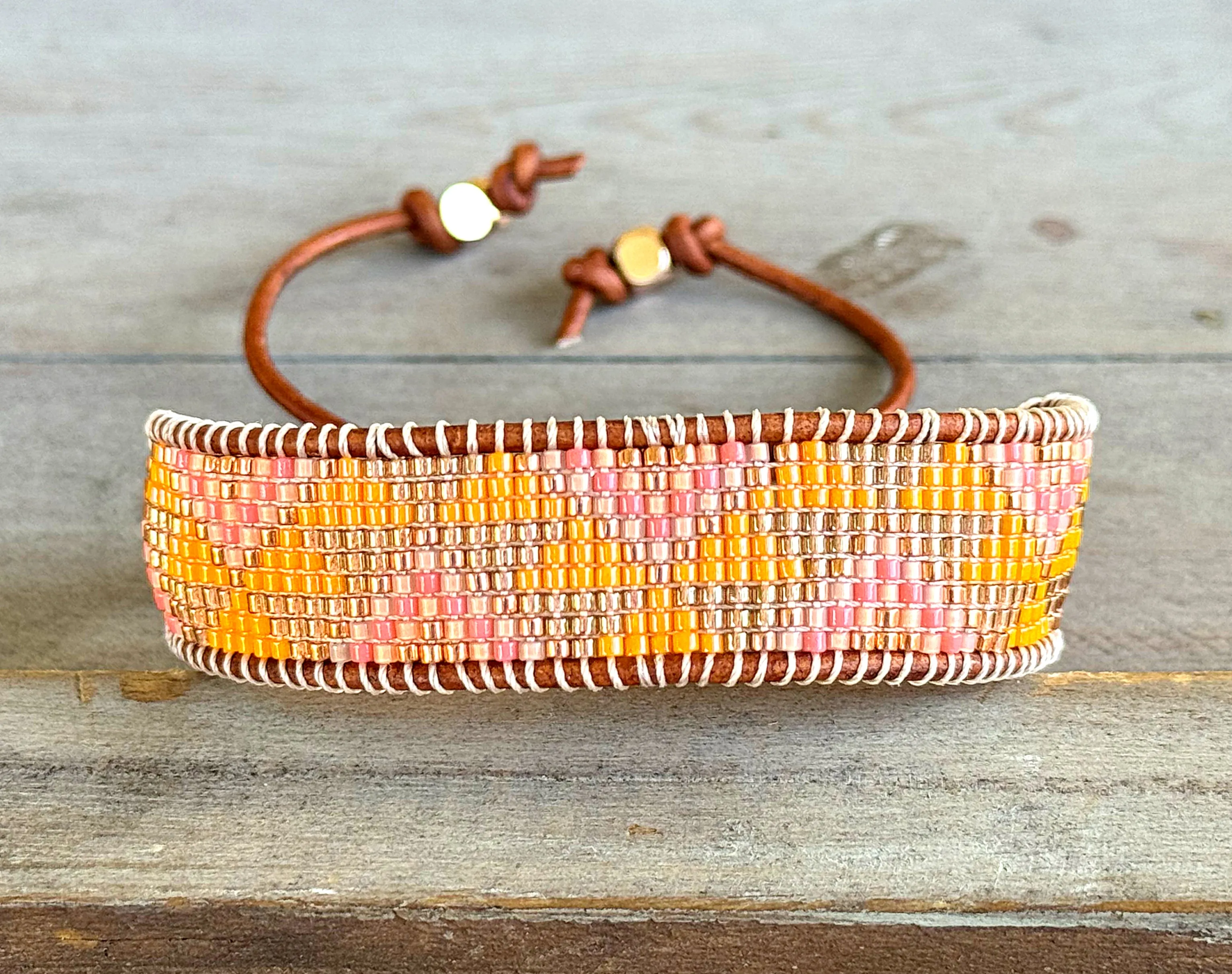 Sunshine, Peach Fuzz, and Coral Loom woven western beaded friendship bracelet