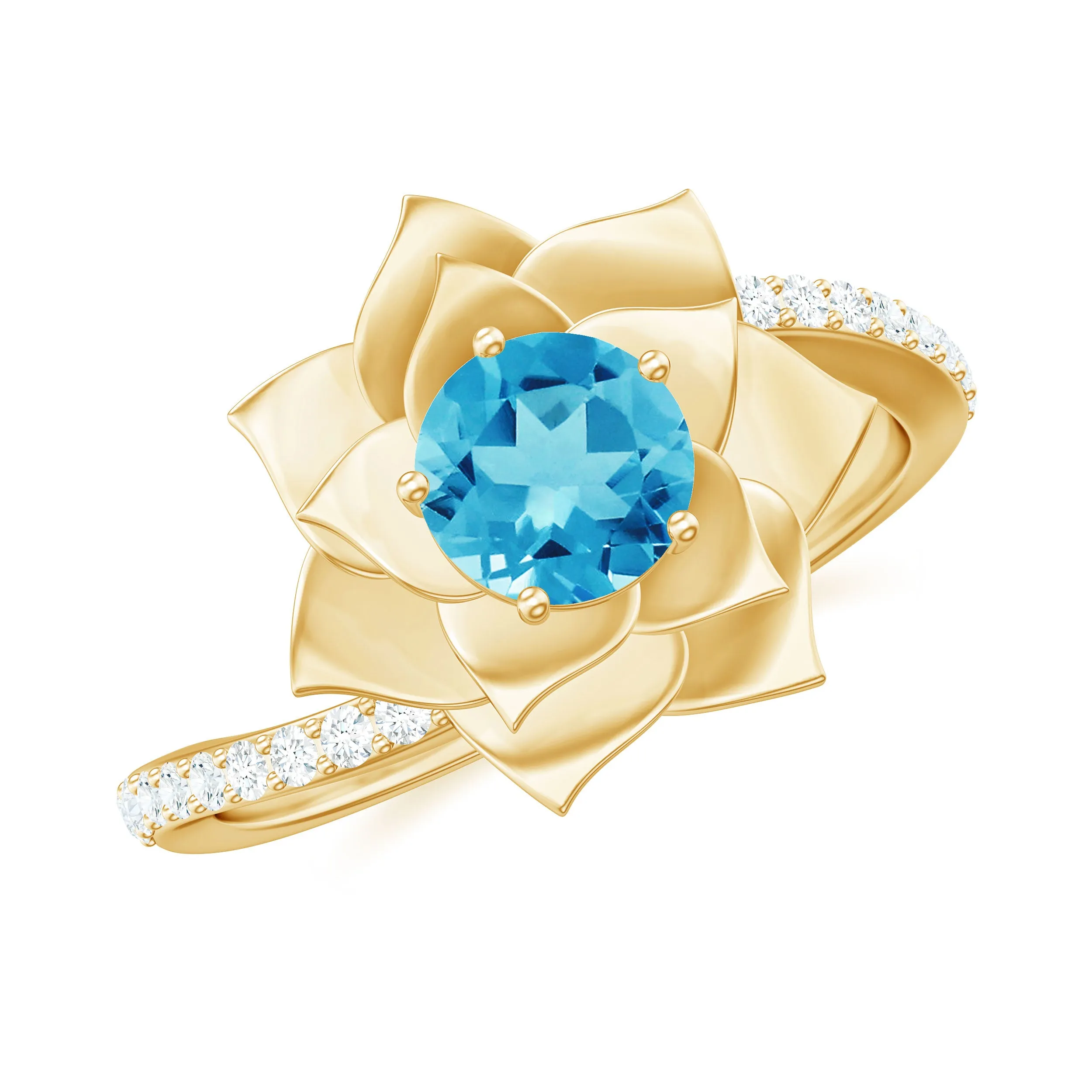 Swiss Blue Topaz and Diamond Flower Engagement Ring with Bypass Shank