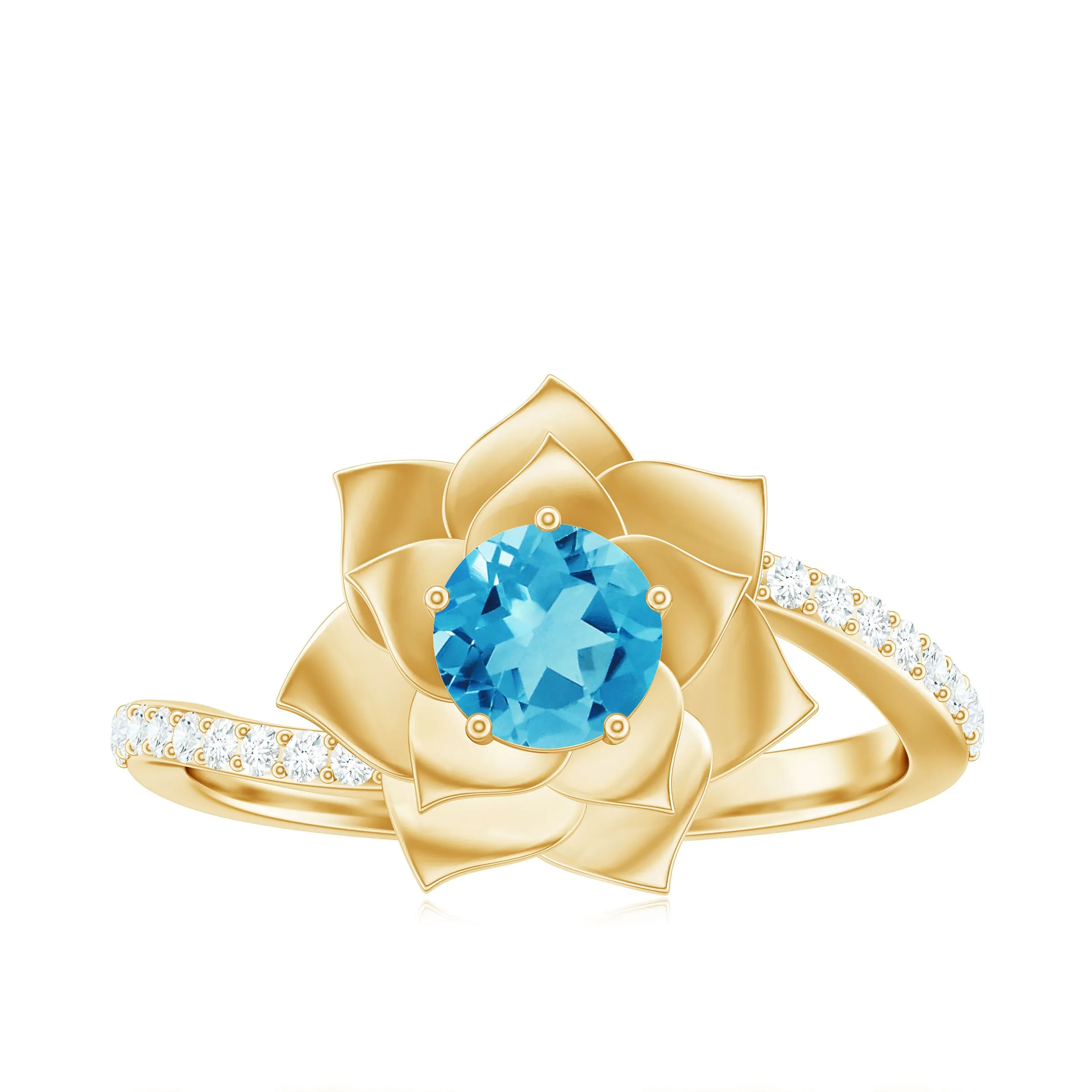 Swiss Blue Topaz and Diamond Flower Engagement Ring with Bypass Shank