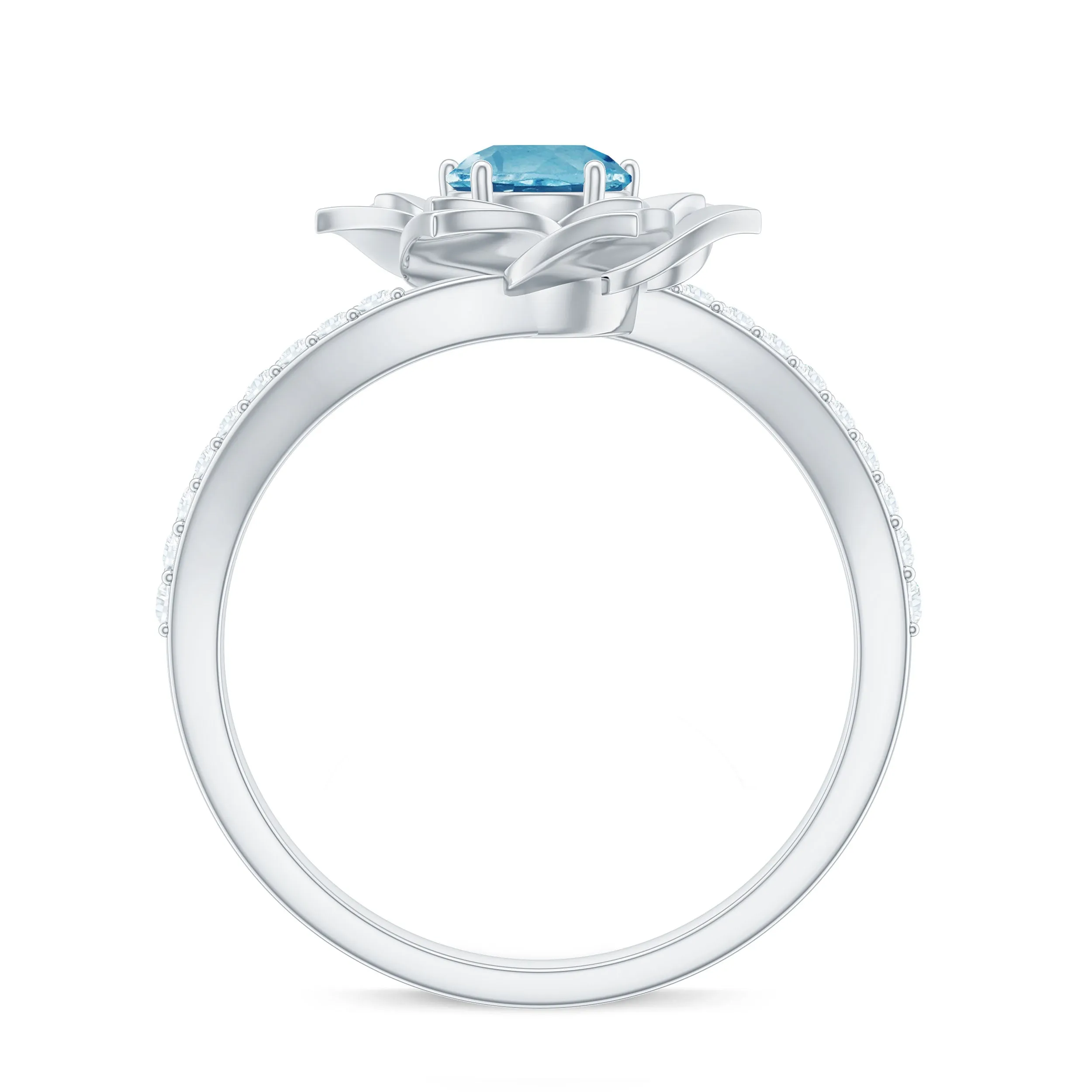 Swiss Blue Topaz and Diamond Flower Engagement Ring with Bypass Shank