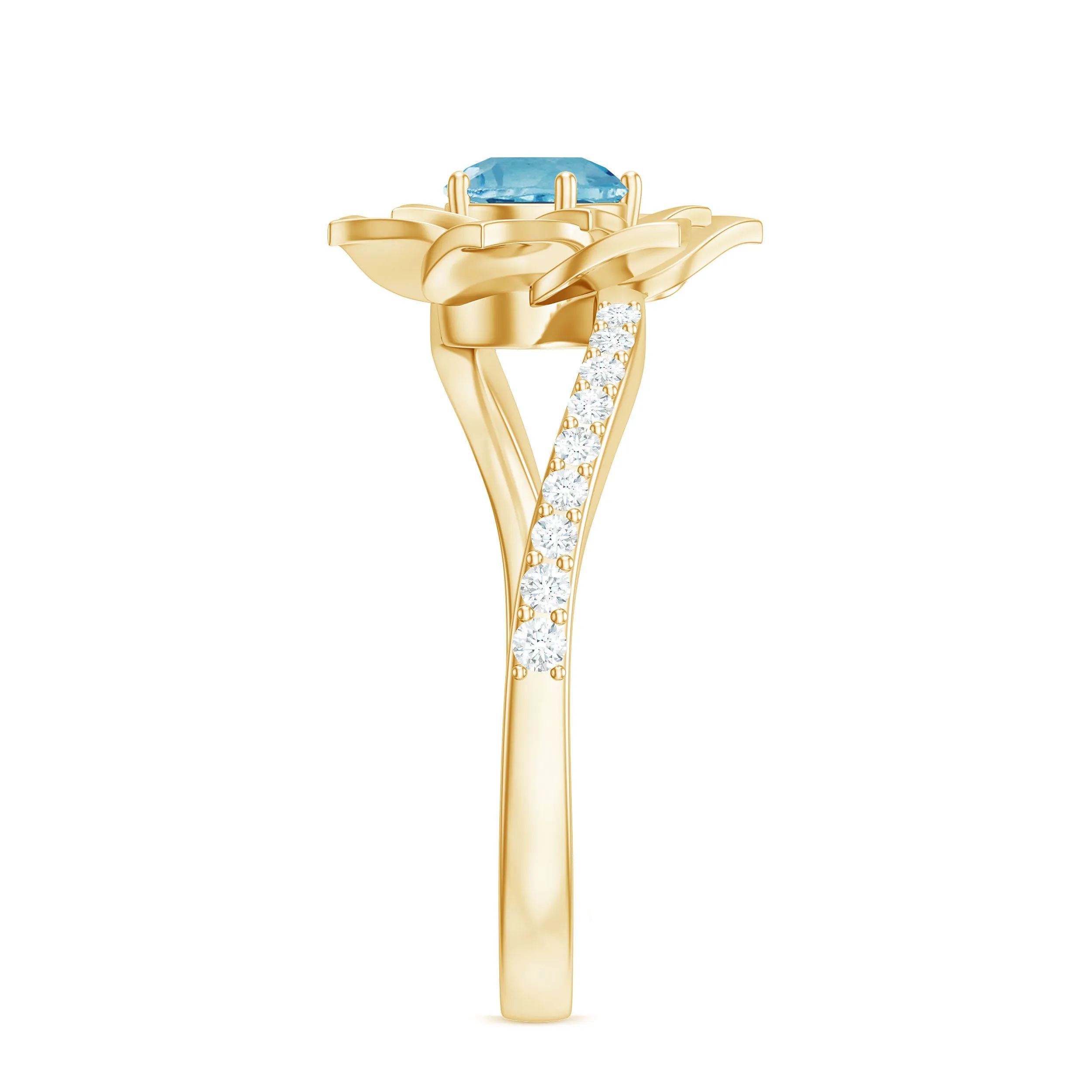 Swiss Blue Topaz and Diamond Flower Engagement Ring with Bypass Shank