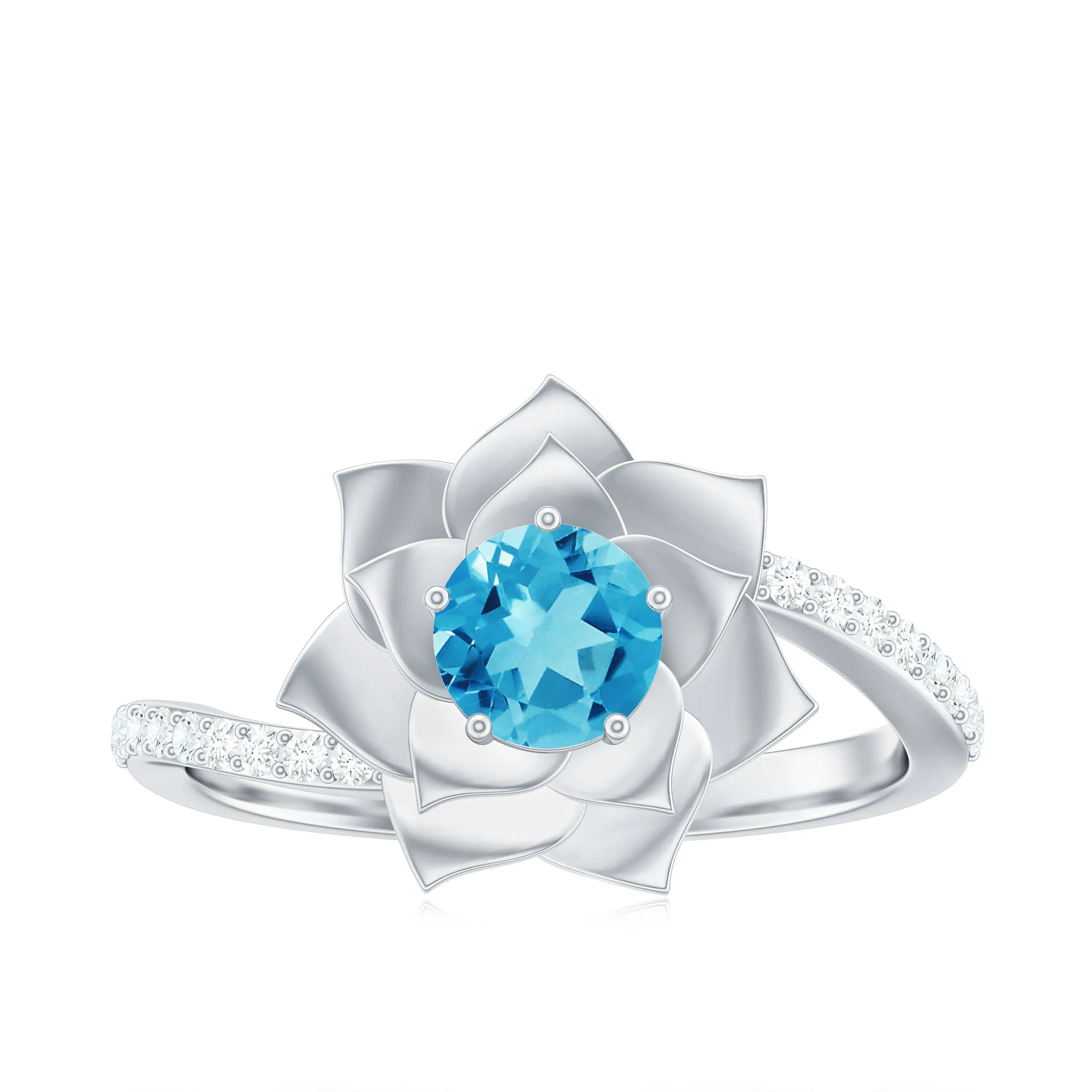 Swiss Blue Topaz and Diamond Flower Engagement Ring with Bypass Shank