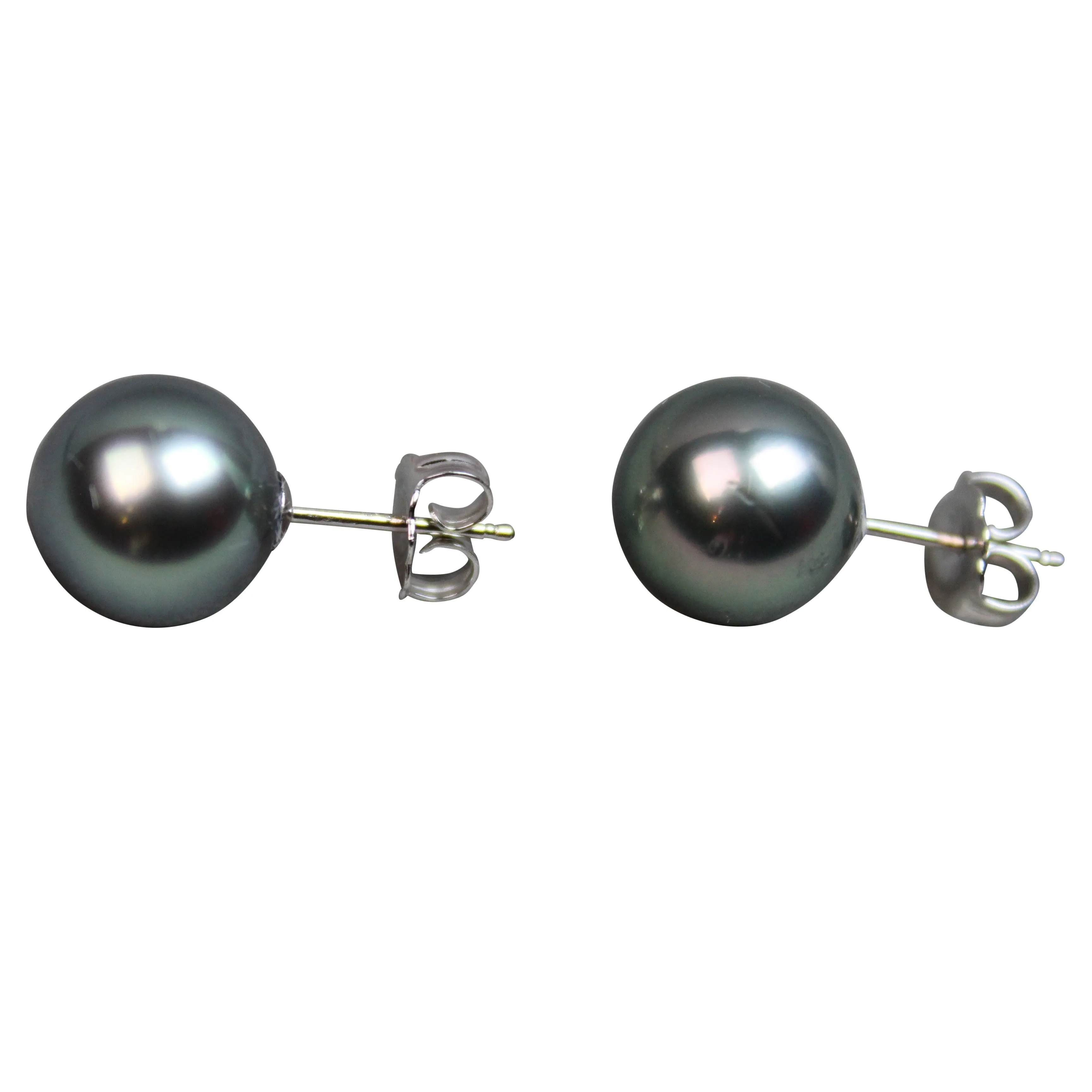 Tahitian Pearl Stud Earrings | AAA 8mm Natural Black Round Tahitian Pearls | 14k White Gold Posts