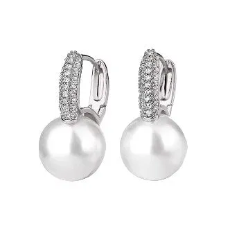 Taryn Pave" Crystal and Pearl Hoop Earrings