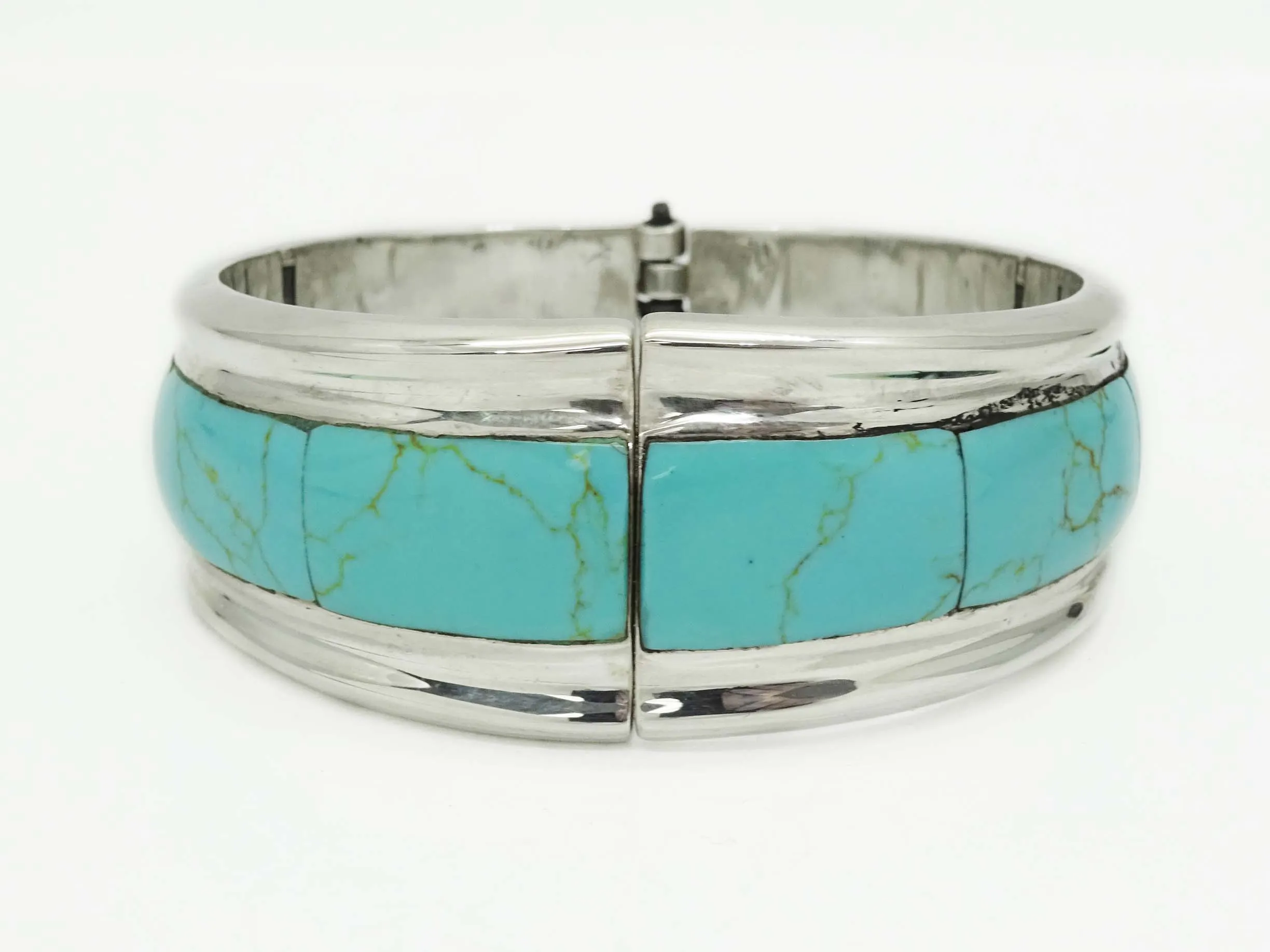 Taxco TR-164 Turquoise Inlay Hinged Bangle Cuff Bracelet Sterling Silver