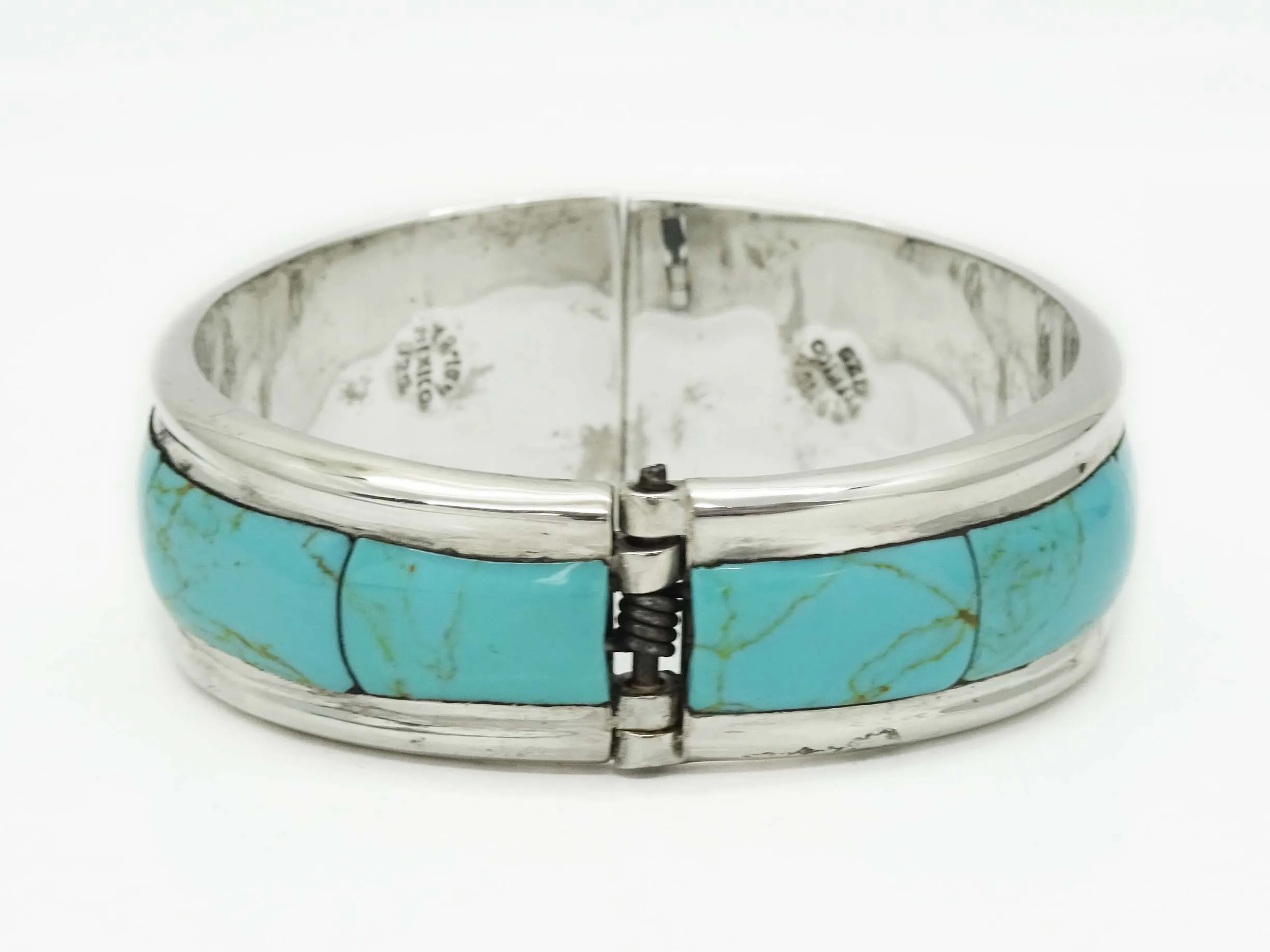 Taxco TR-164 Turquoise Inlay Hinged Bangle Cuff Bracelet Sterling Silver