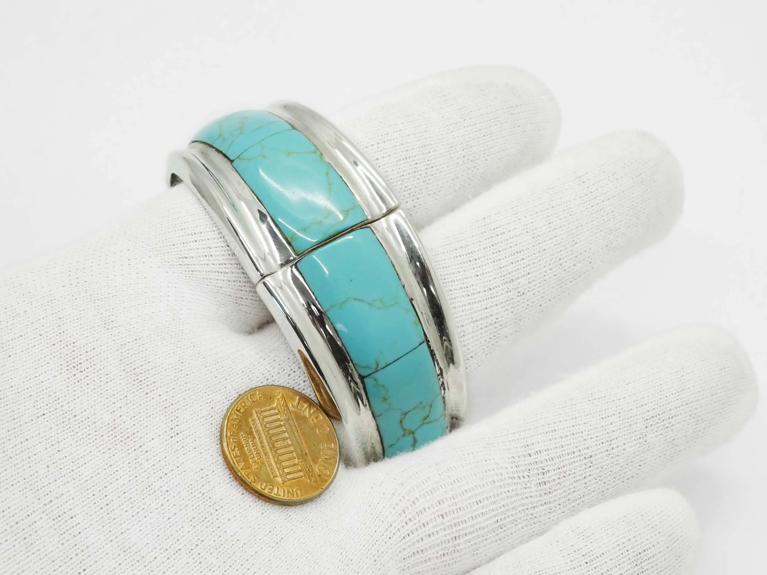 Taxco TR-164 Turquoise Inlay Hinged Bangle Cuff Bracelet Sterling Silver