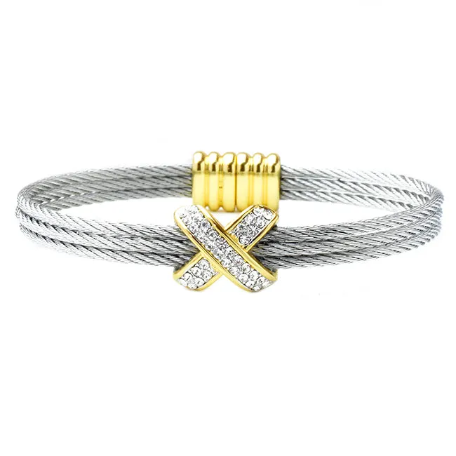 Two Tone CZ Pave X Magnetic Bracelet