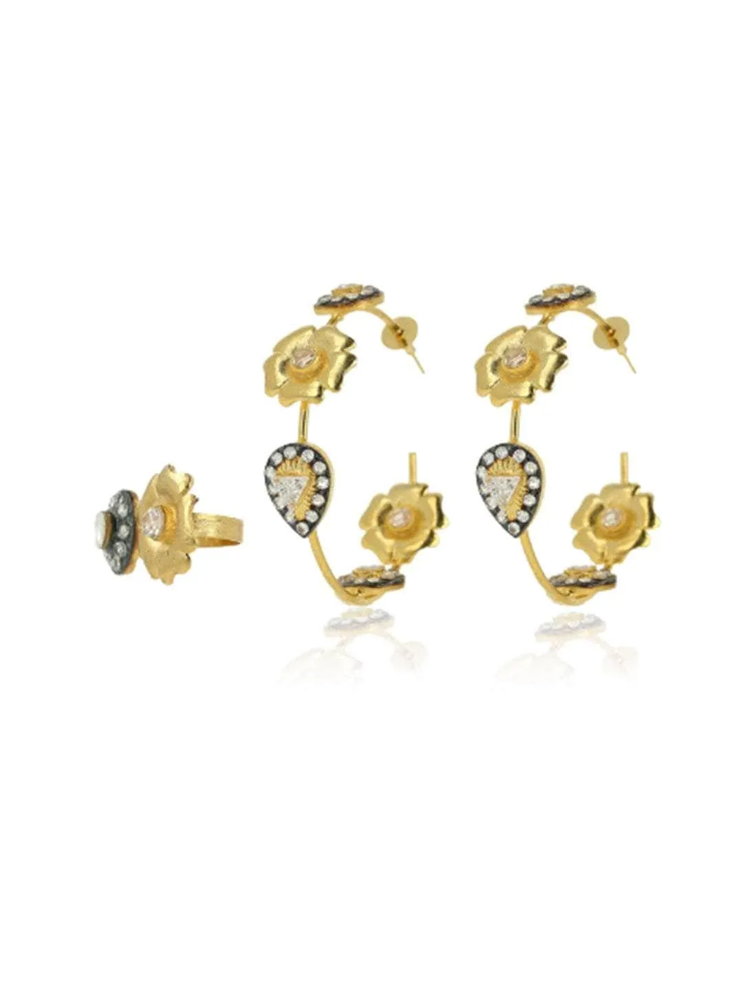 Two Tonned Flower Diamond Hoop Earring And Ring