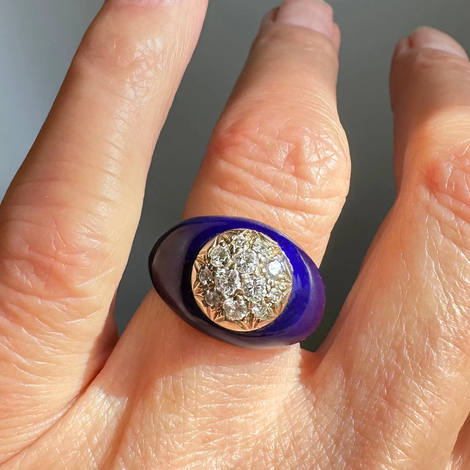 Vintage 14K Gold Cobalt Blue Enamel Diamond Dome Ring