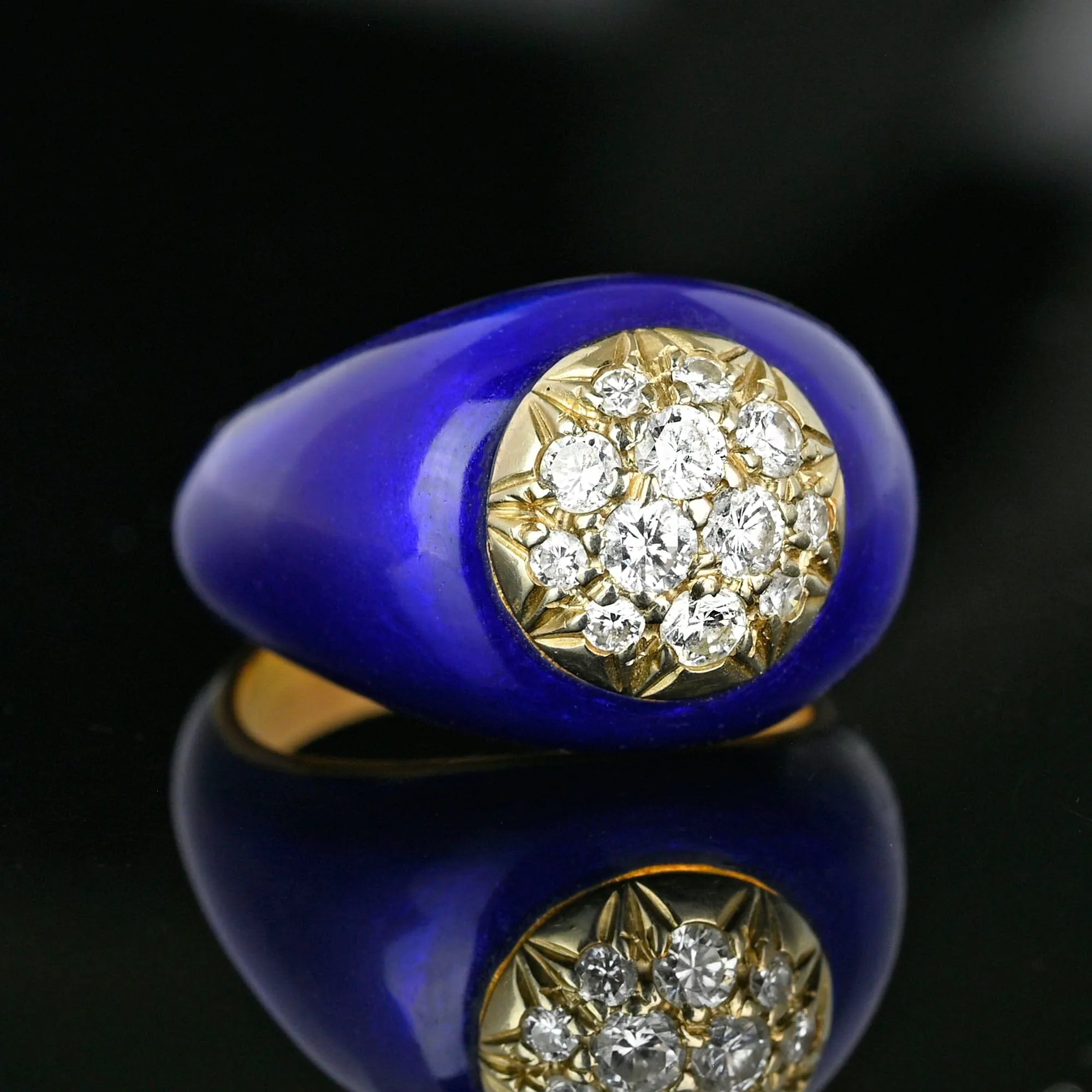 Vintage 14K Gold Cobalt Blue Enamel Diamond Dome Ring