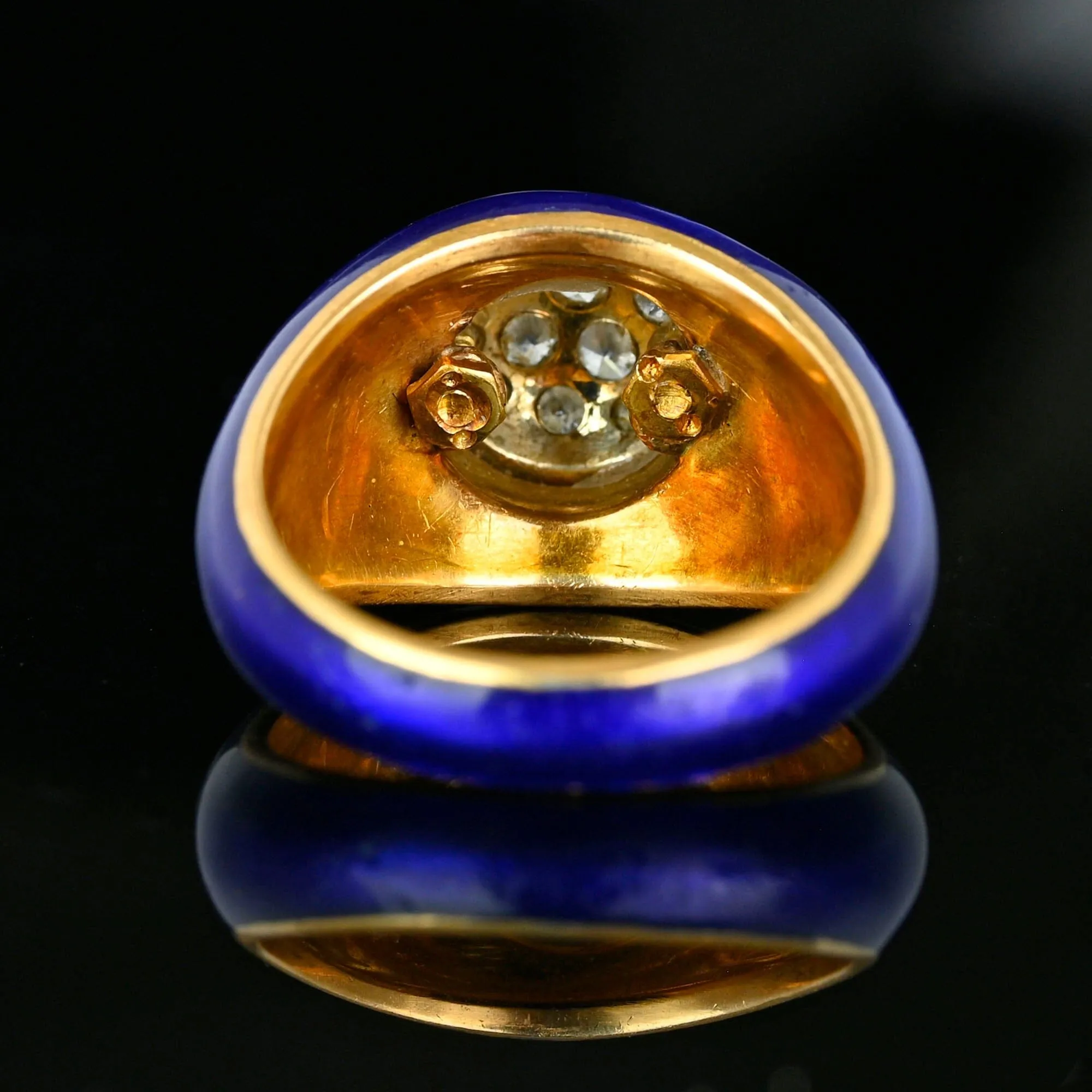 Vintage 14K Gold Cobalt Blue Enamel Diamond Dome Ring