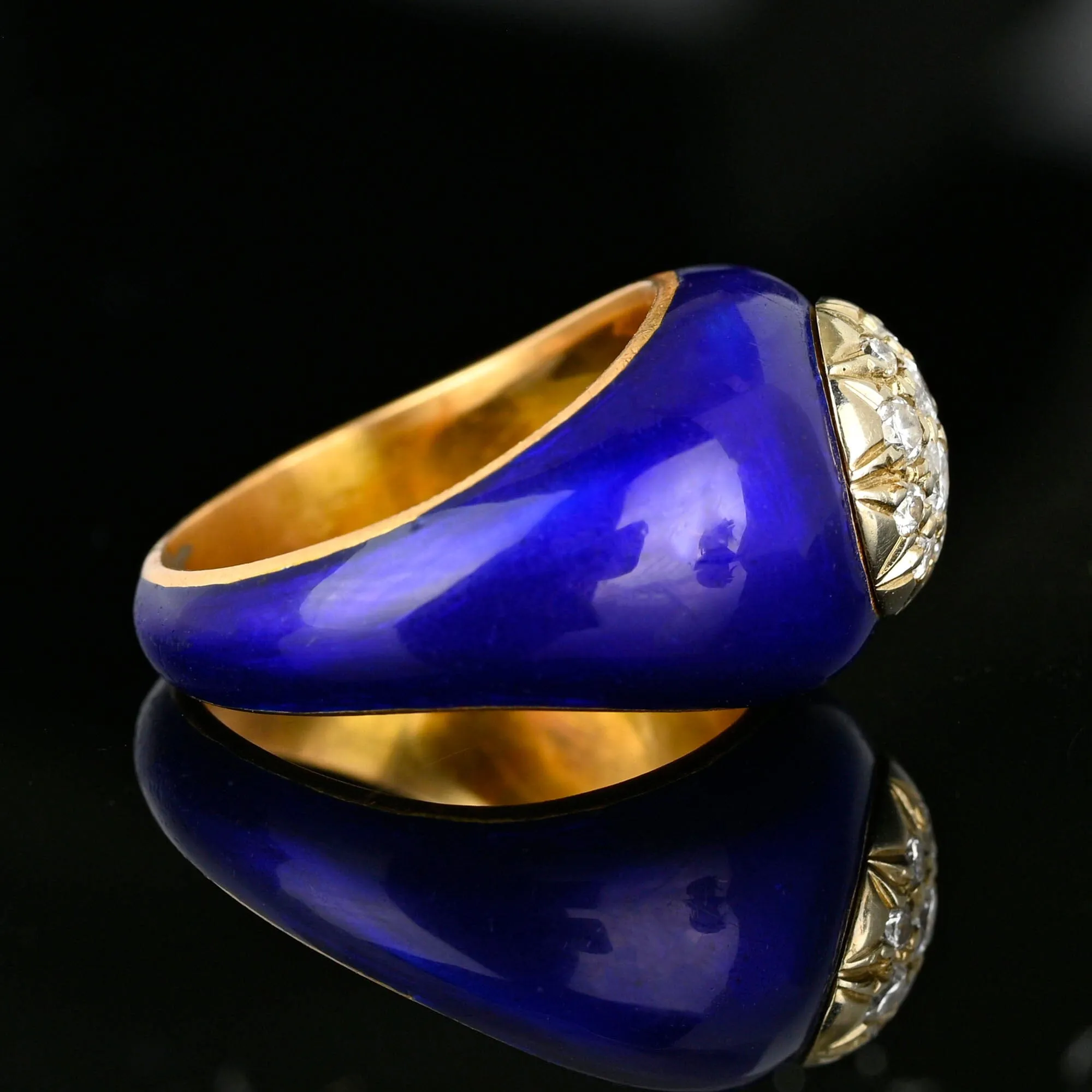 Vintage 14K Gold Cobalt Blue Enamel Diamond Dome Ring