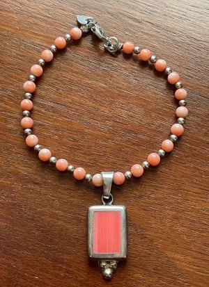 Vintage ATI Mexico Rhodochrosite Pendant and Coral Bead Bracelet