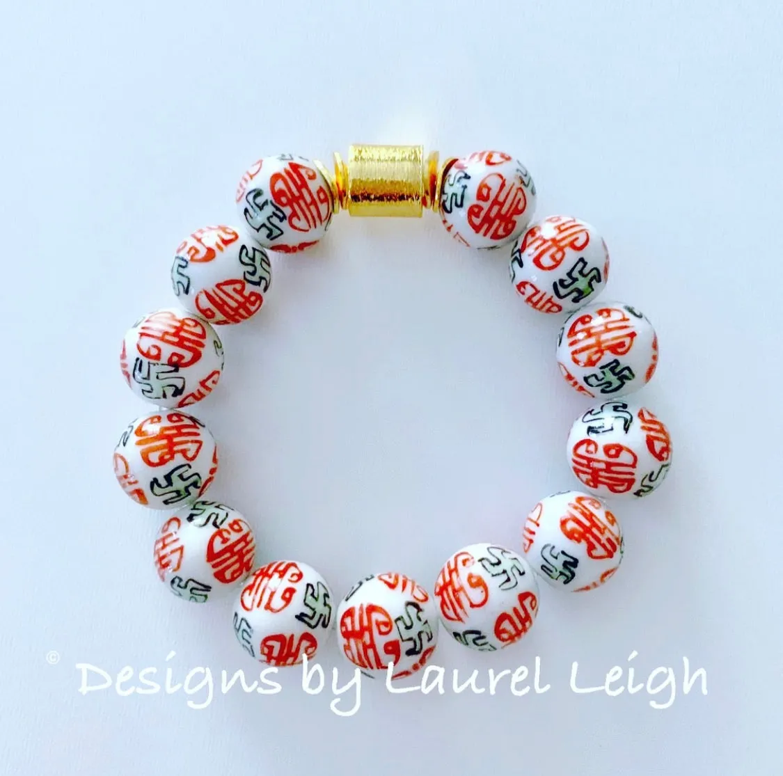 Vintage Chinoiserie Longevity Symbol Beaded Statement Bracelet - Orange/White