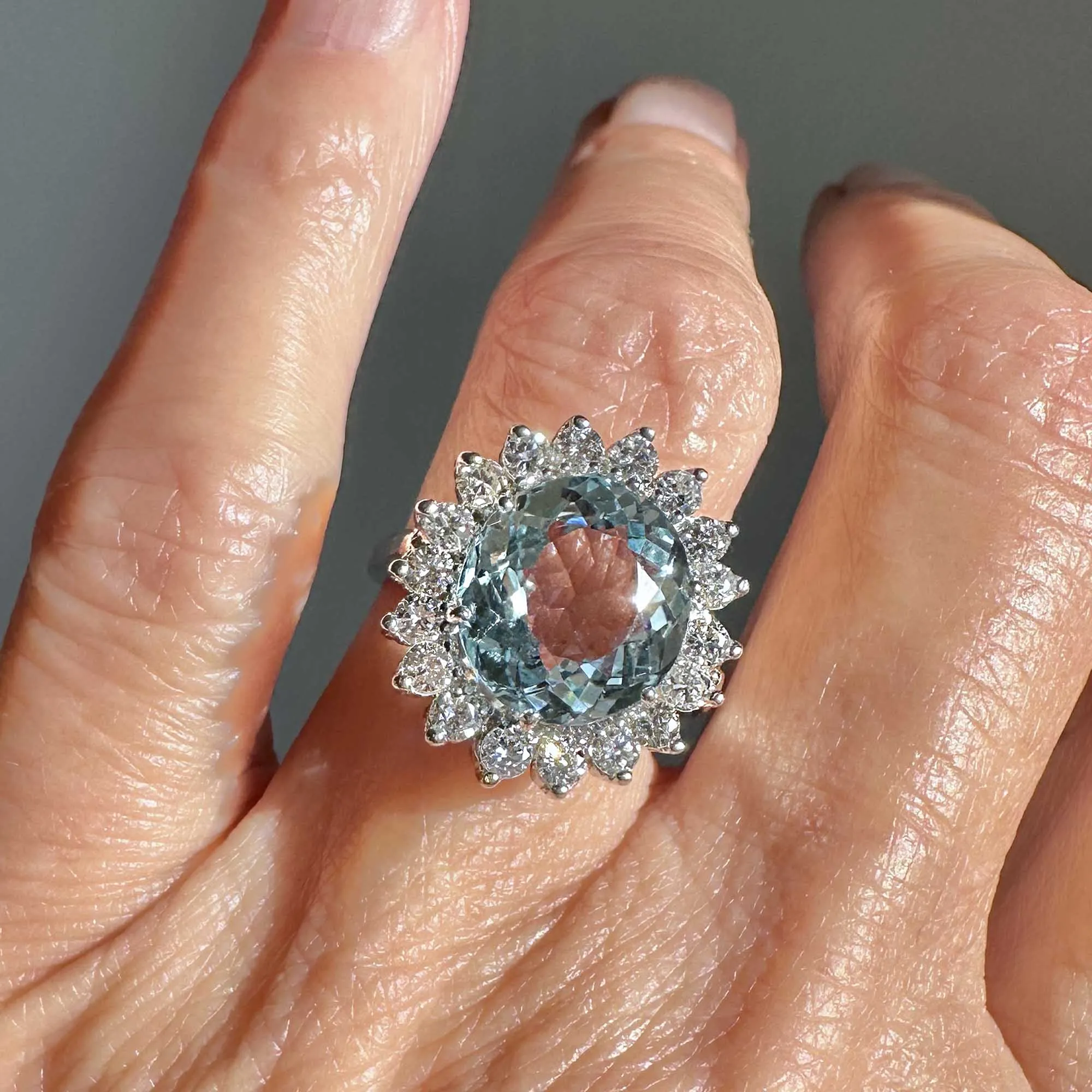 Vintage Diamond Cluster Halo 4.5 Carat Aquamarine Ring