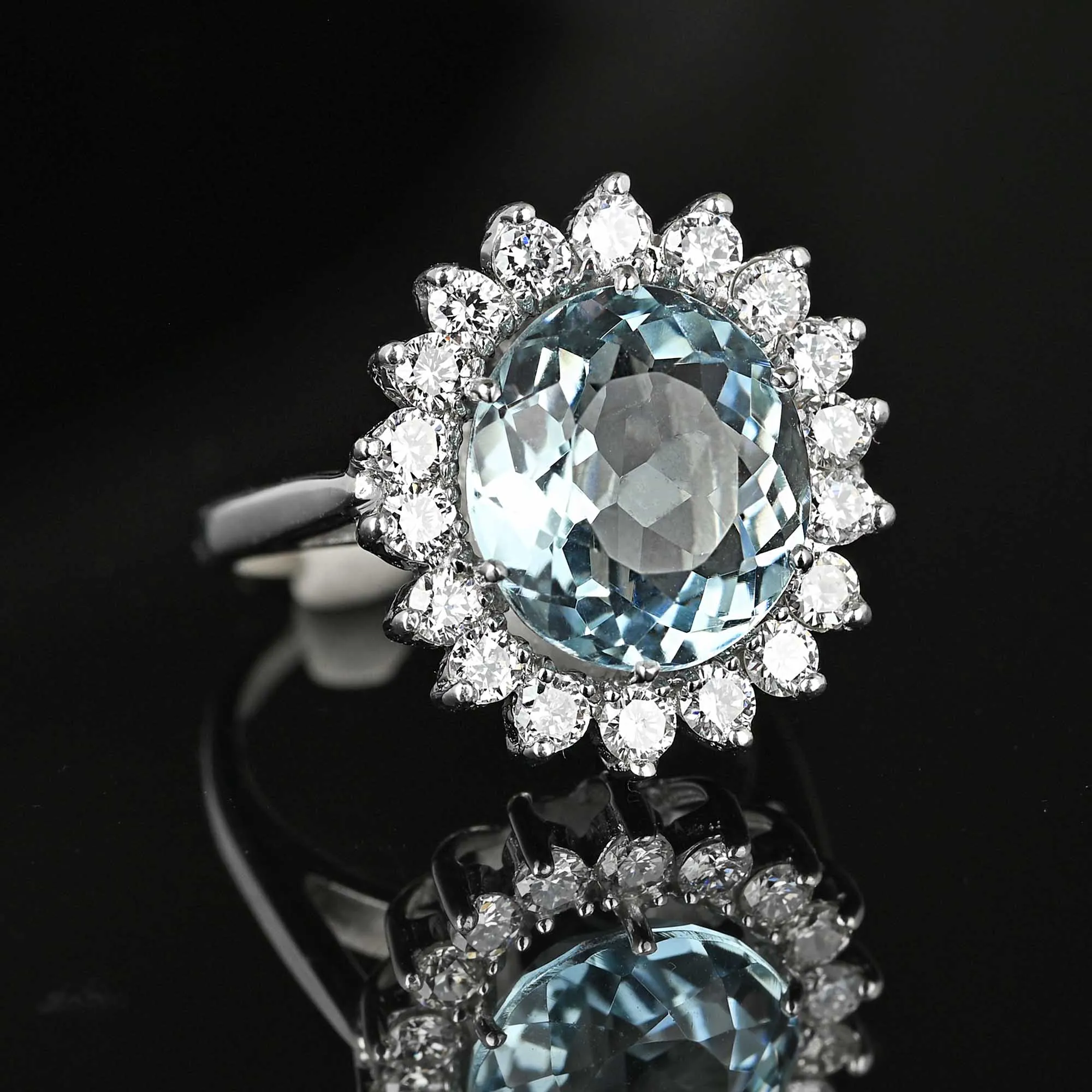 Vintage Diamond Cluster Halo 4.5 Carat Aquamarine Ring