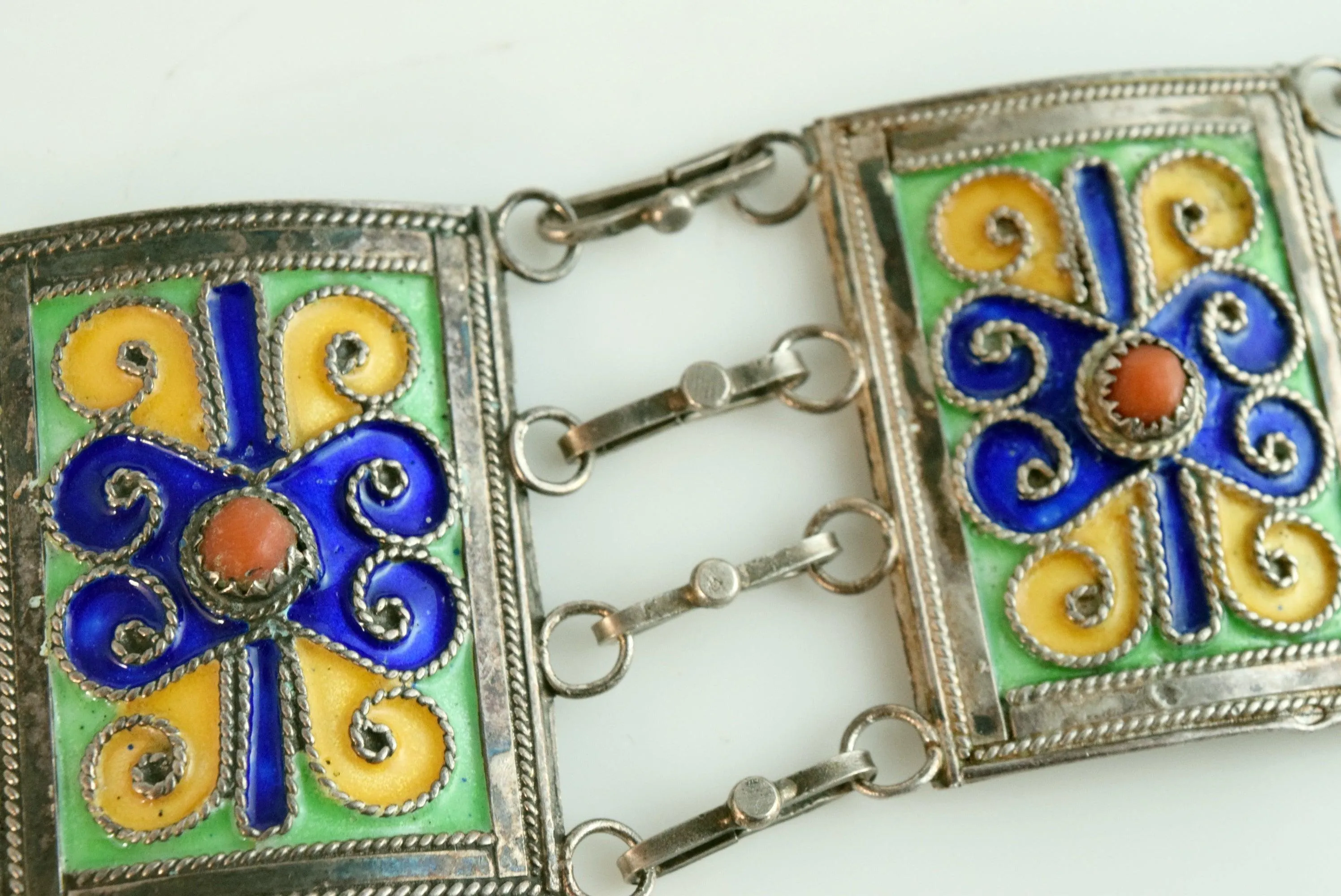 Vintage Kabyle Berber Silver Enamel Link Bracelet