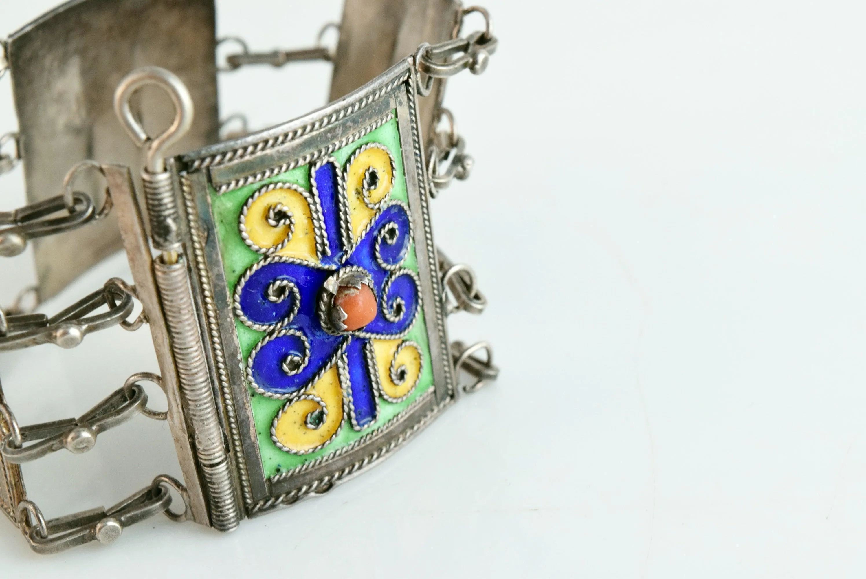 Vintage Kabyle Berber Silver Enamel Link Bracelet